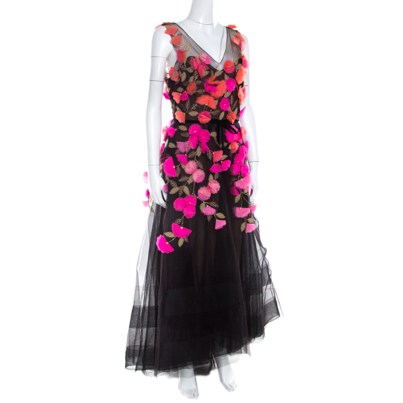 

Marchesa Notte Black Tulle Sleeveless 3D Floral High Low Gown