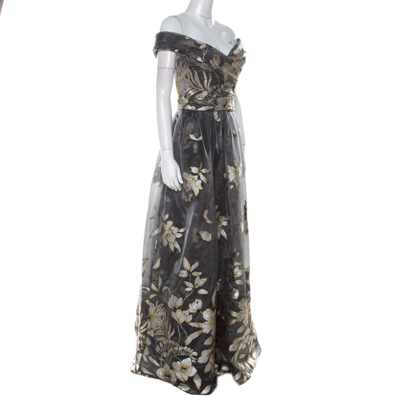 

Marchesa Notte Grey Metallic Floral Fil Coupe Layered Off Shoulder Gown