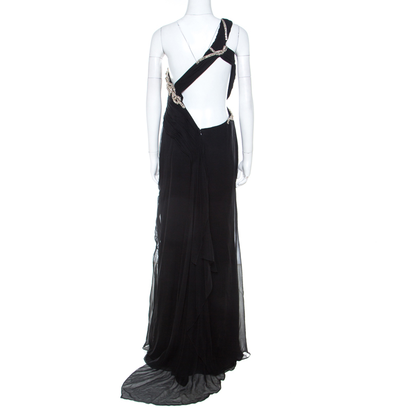 Pre-owned Marchesa Black Silk Embellished Bodice Evening Gown M