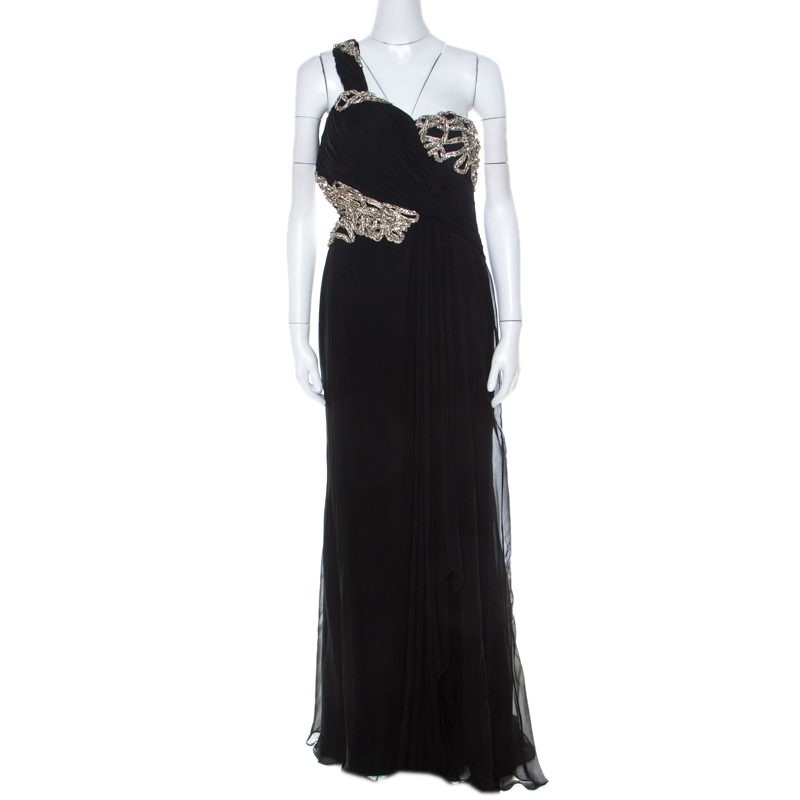 

Marchesa Black Silk Embellished Bodice Evening Gown