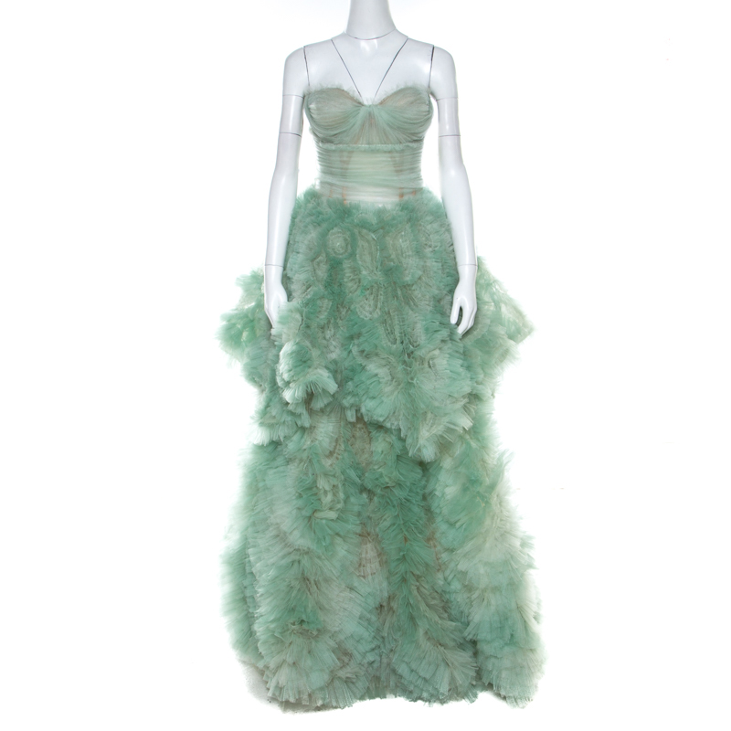 Marchesa Pale Green Tulle Embellished Detail Strapless Gown S Marchesa ...