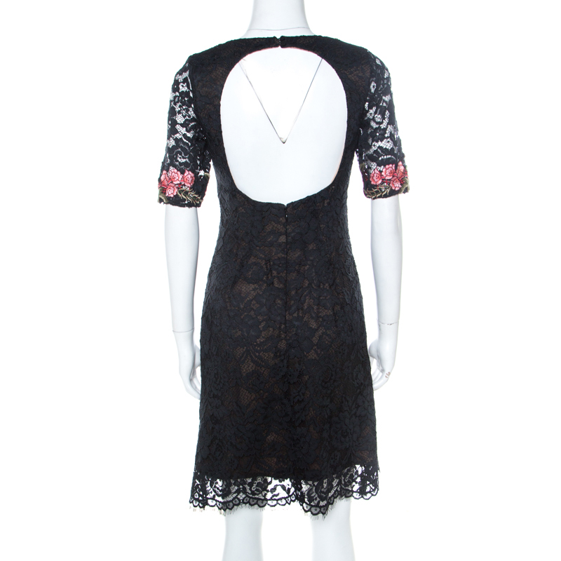 Pre-owned Marchesa Notte Black Lace Floral Applique Backless Short Dress S