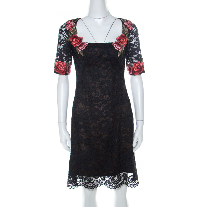 

Marchesa Notte Black Lace Floral Applique Backless Short Dress