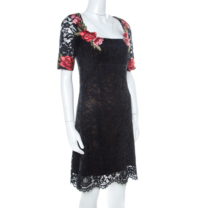 MARCHESA Pre-owned Notte Black Lace Floral Applique Backless Short Dress S