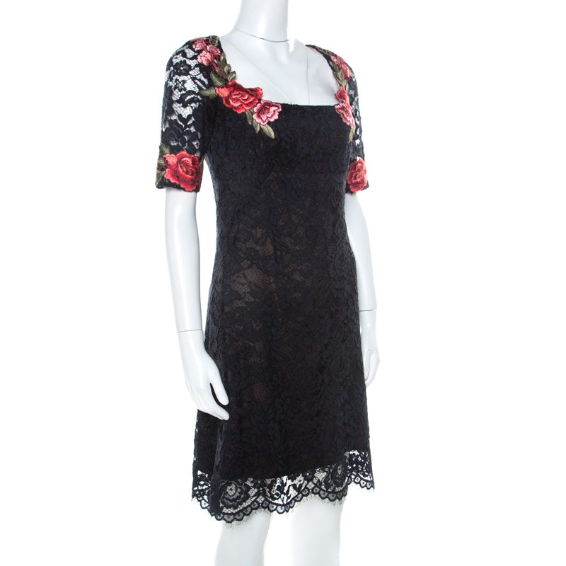 Pre-owned Marchesa Notte Black Lace Floral Applique Backless Short Dress S