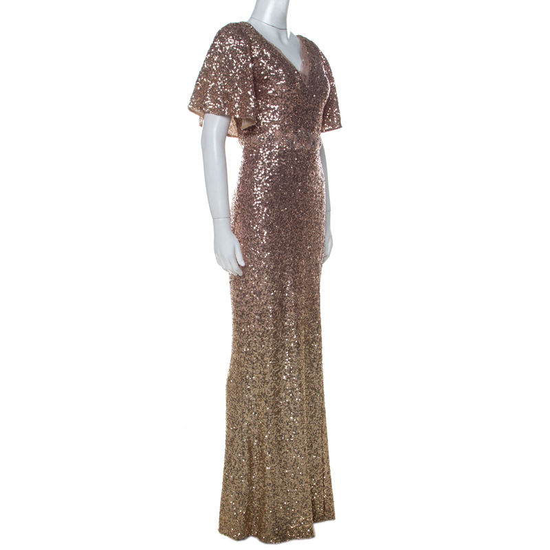 

Marchesa Notte Blush & Gold Ombre Sequin Embellished Detail Gown, Metallic