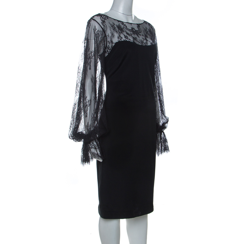 

Marchesa Notte Black Silk Sheer Lace Yoke Detail Shift Dress