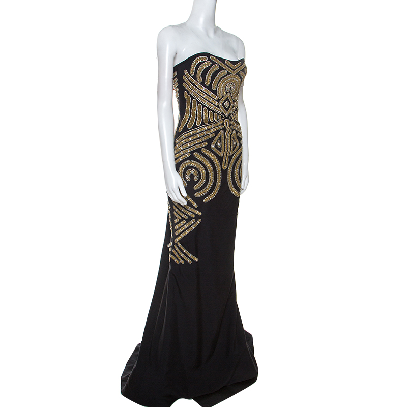 

Marchesa Black Embellished Silk Slub Strapless Gown