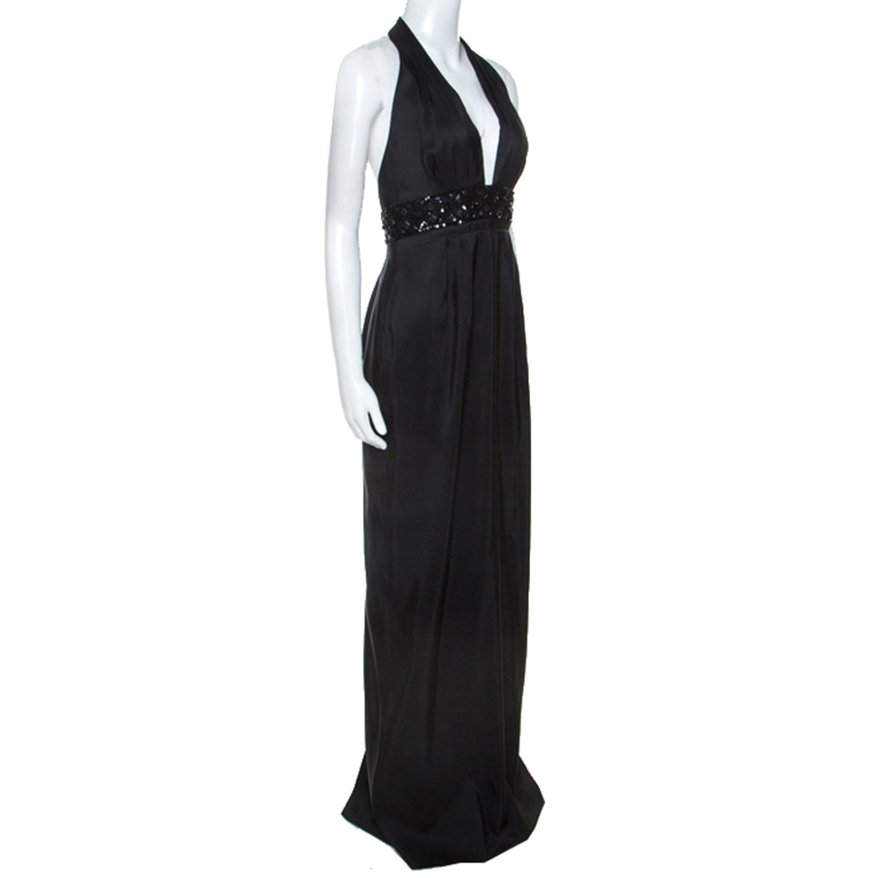 

Marchesa Notte Black Silk Embellished Waist Halterneck Evening Gown