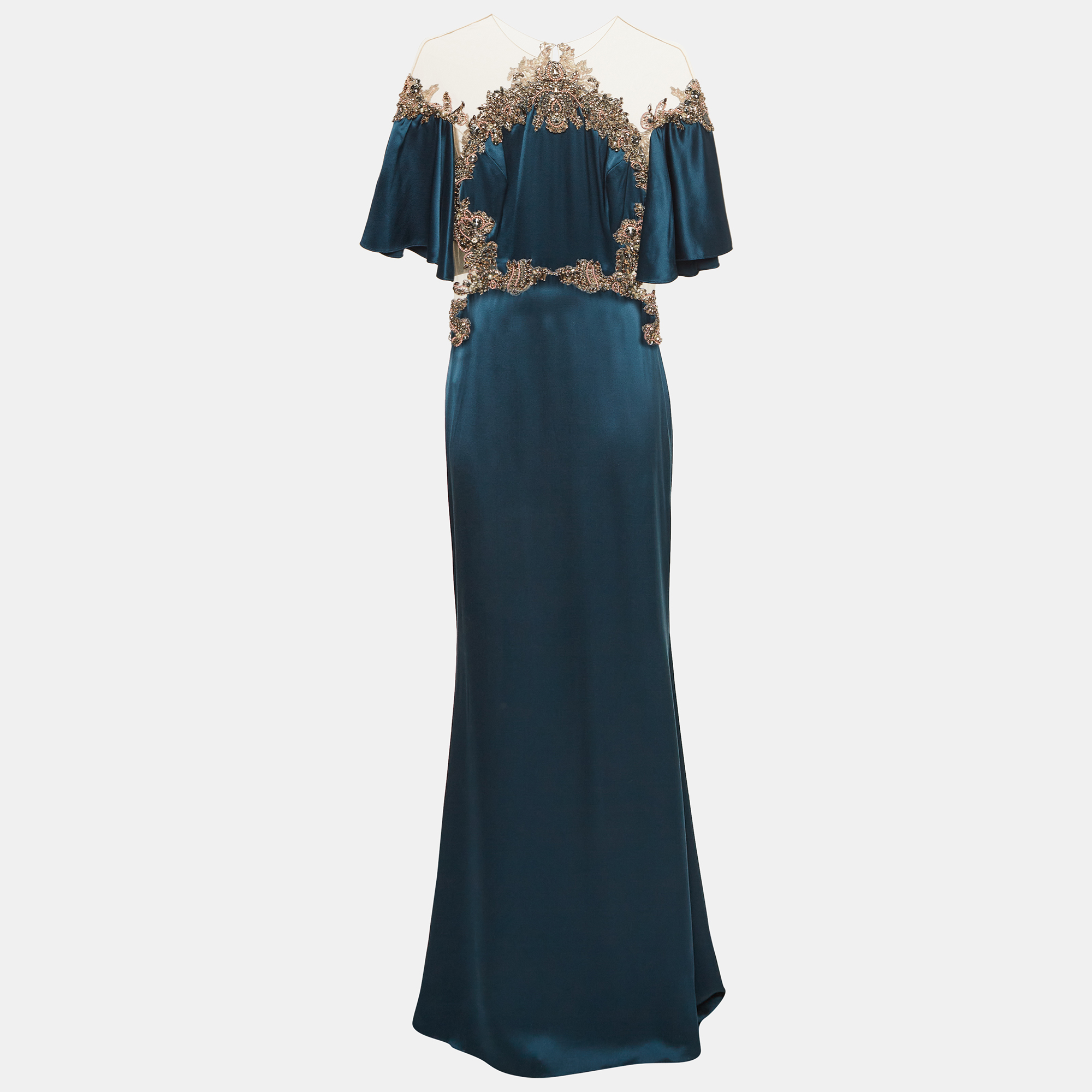 Pre-owned Marchesa Voyage Blue Crystal Embellished Silk Satin Gown S