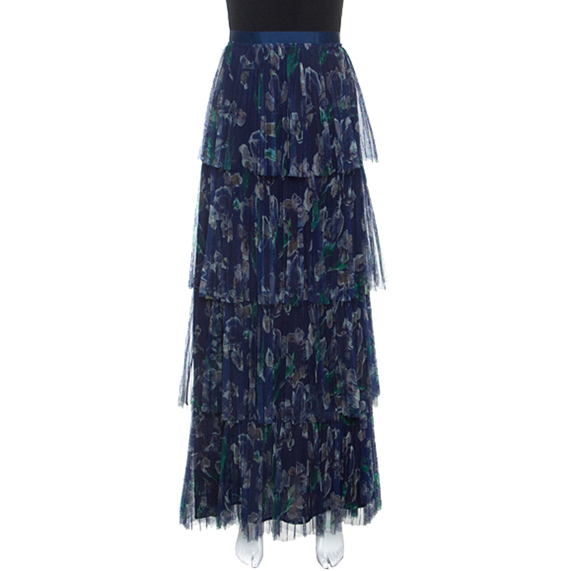 Marchesa Voyage Iris Blue Printed Tulle Pleated Column Skirt M