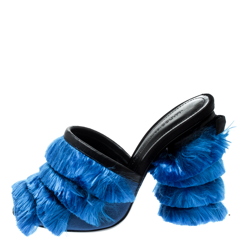 

Marco De Vincenzo Blue/Black Fringed Satin Peep Toe Mules Size