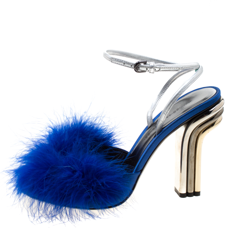 

Marco De Vincenzo Blue Marabou Feathers Embellished Ankle Strap Sandals Size