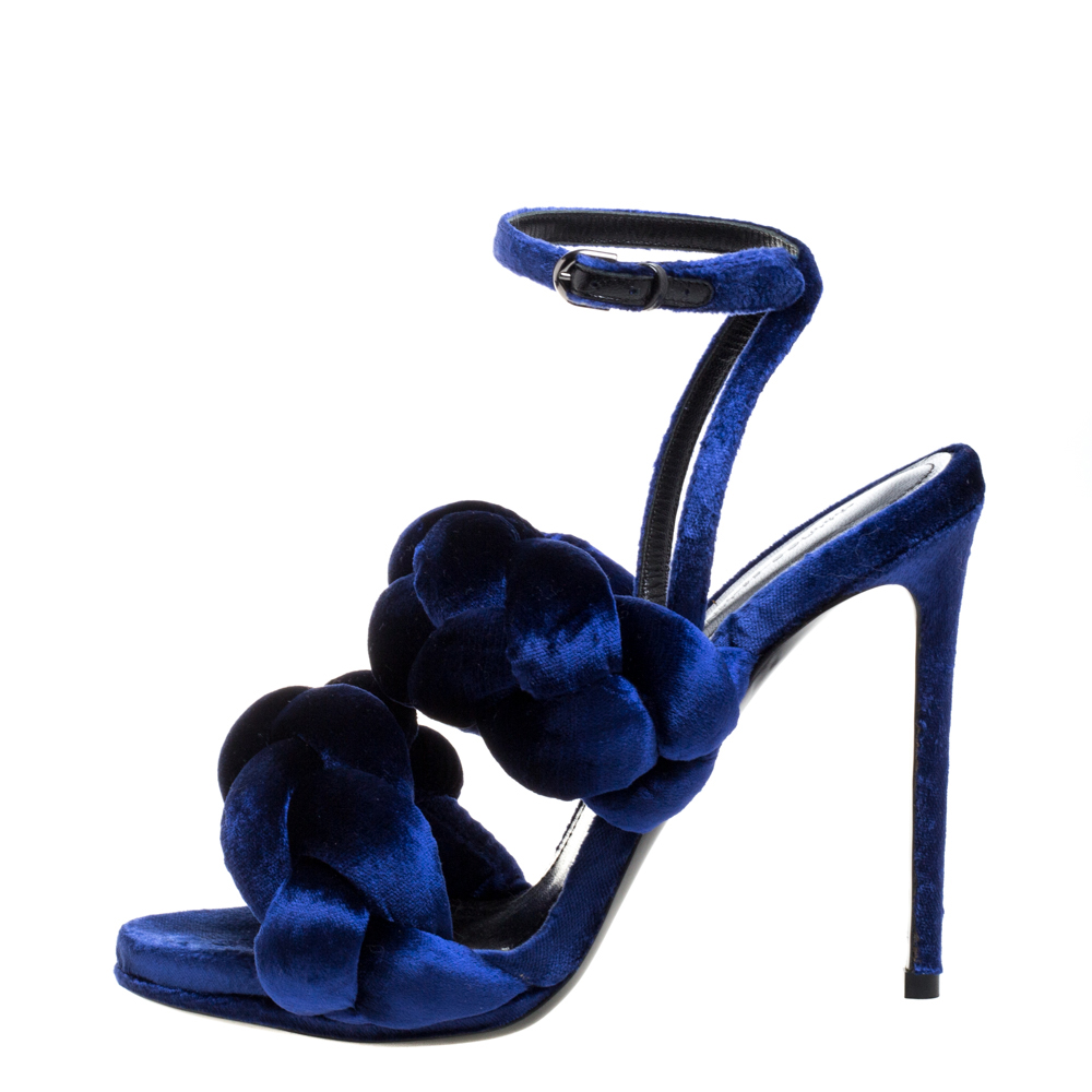 

Marco De Vincenzo Navy Blue Velvet Braided Rope Ankle Strap Sandals Size