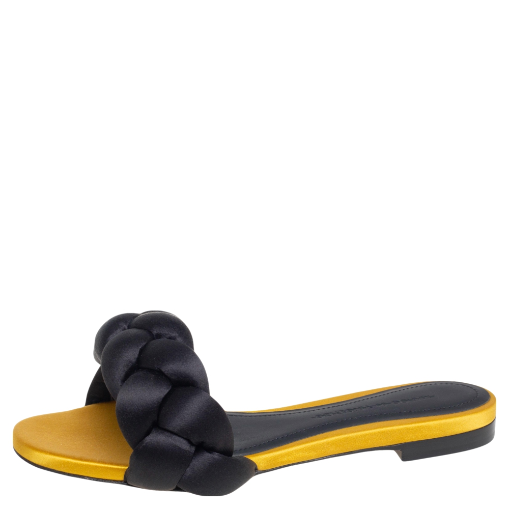 

Marco de Vincenzo Yellow/Black Satin Braided Slide Flats Size