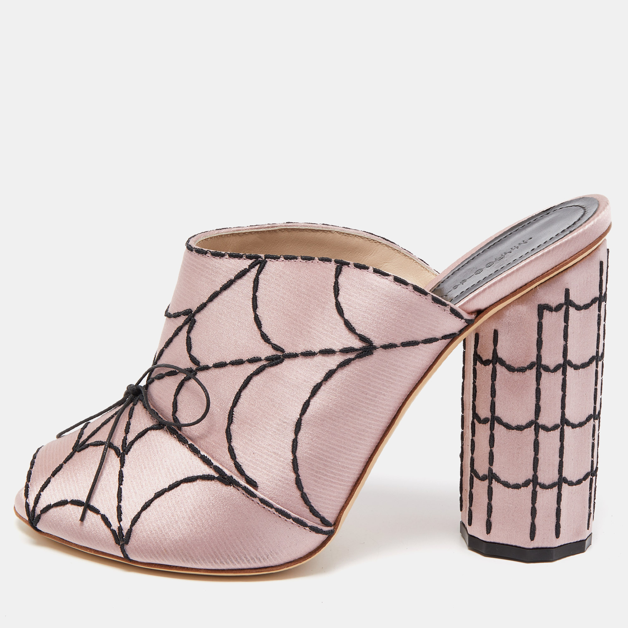 Pre-owned Marco De Vincenzo Pink Satin Spider Web Embroidered Open Toe Mules Size 39.5