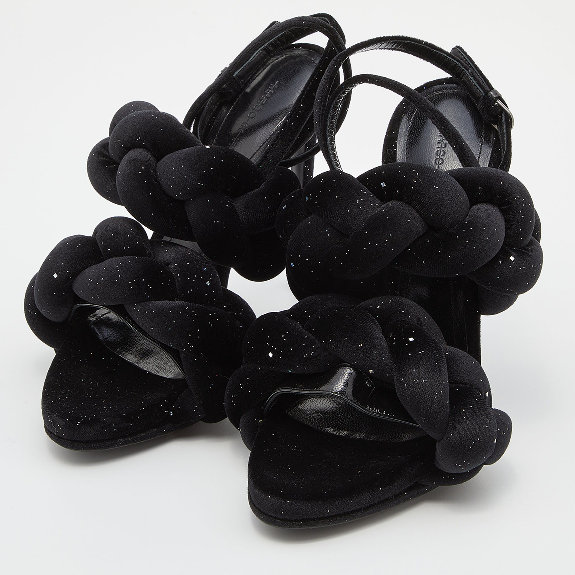 

Marco de vincenzo Black Braided Glitter Velvet Ankle Strap Sandals Size