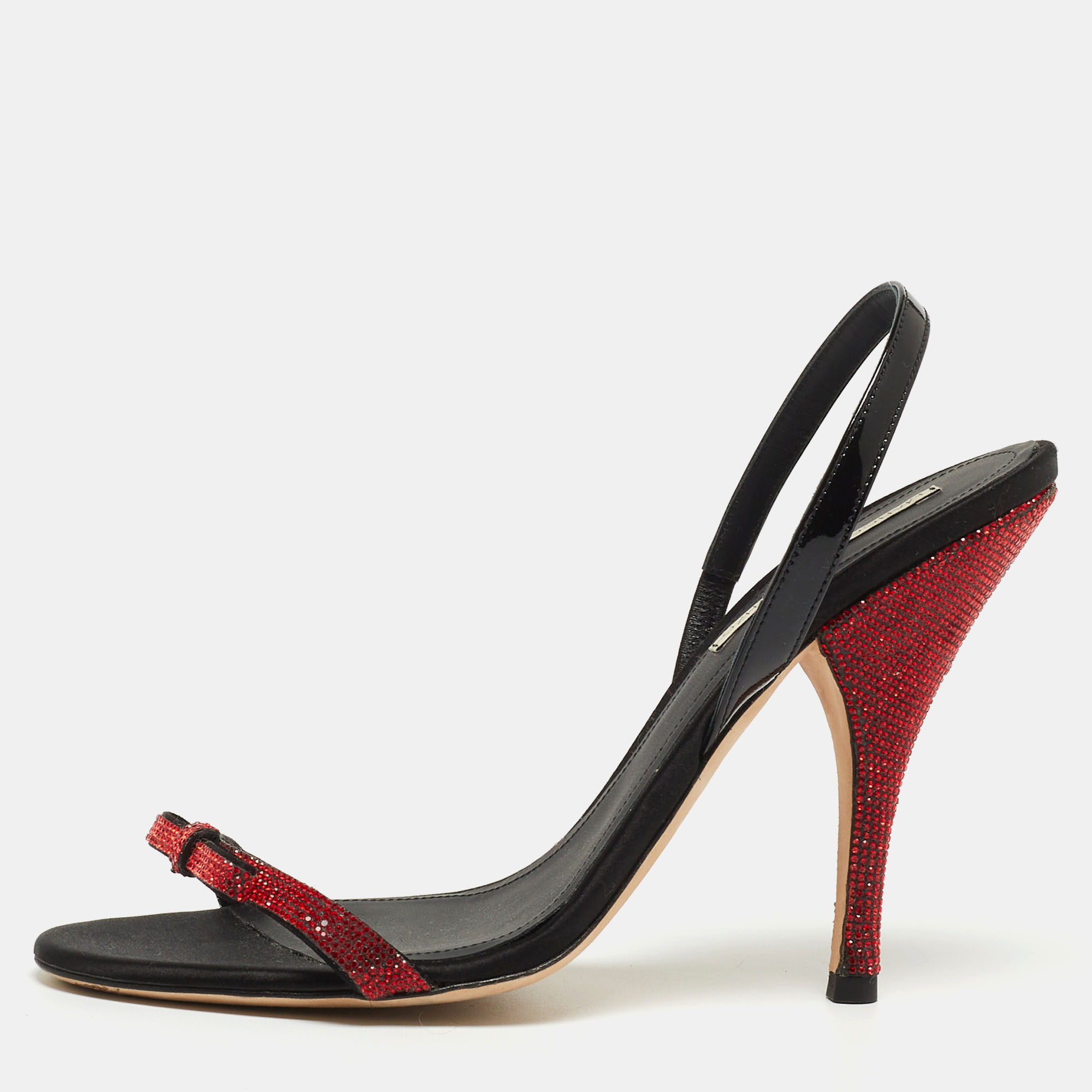 Pre-owned Marco De Vincenzo Red/black Crystal Embellished Leather Bow Slingback Sandals Size 39