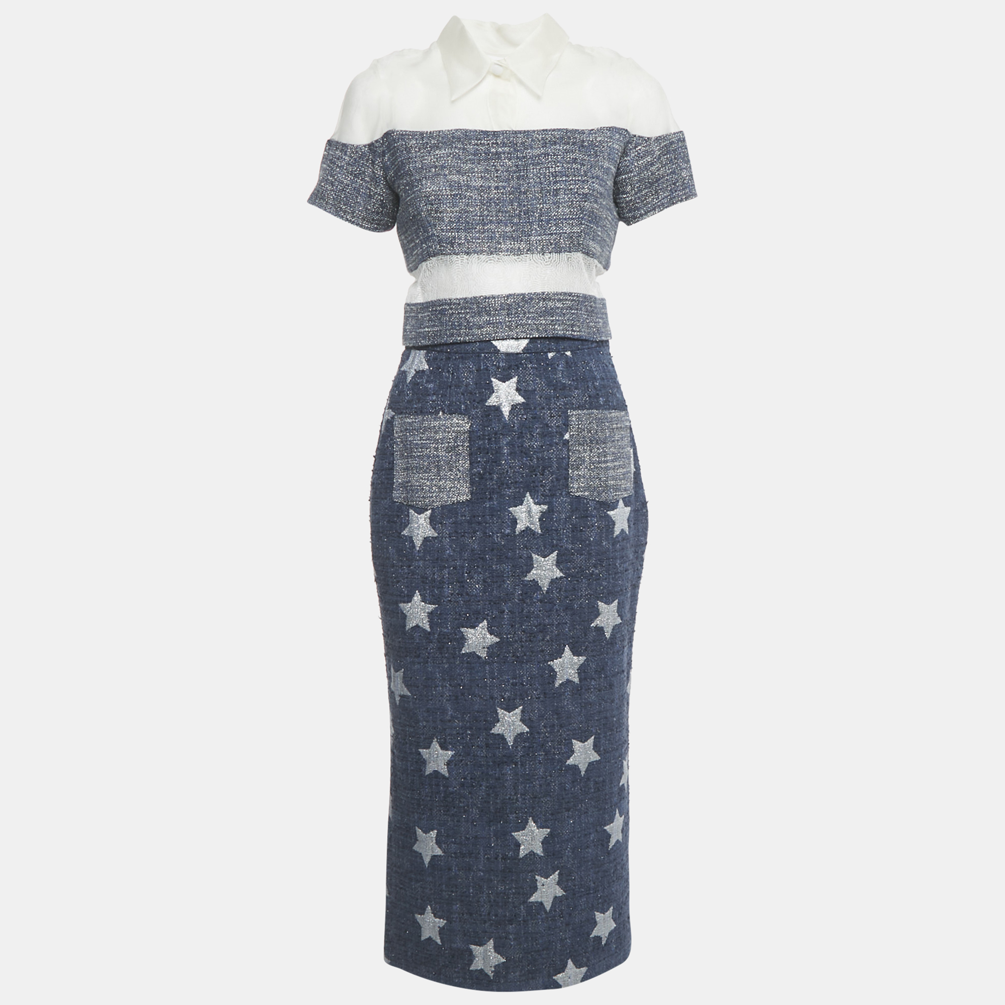 

Marina Qureshi Blue Jacquard Tweed Top and Skirt Set S