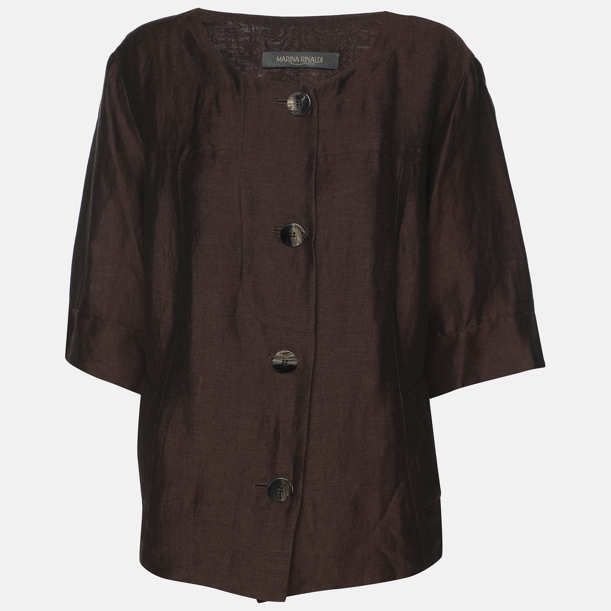 Pre-owned Marina Rinaldi Brown Linen Blend Short Sleeves Jacket L
