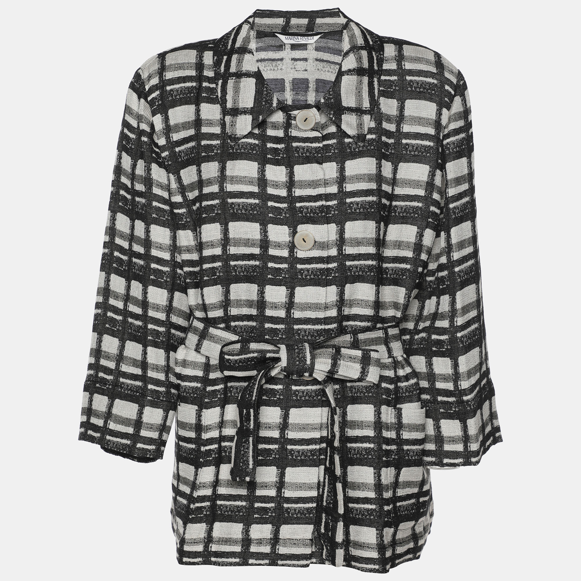 

Marina Rinaldi Black/Off White Check Print Linen Blend Belted Blazer M