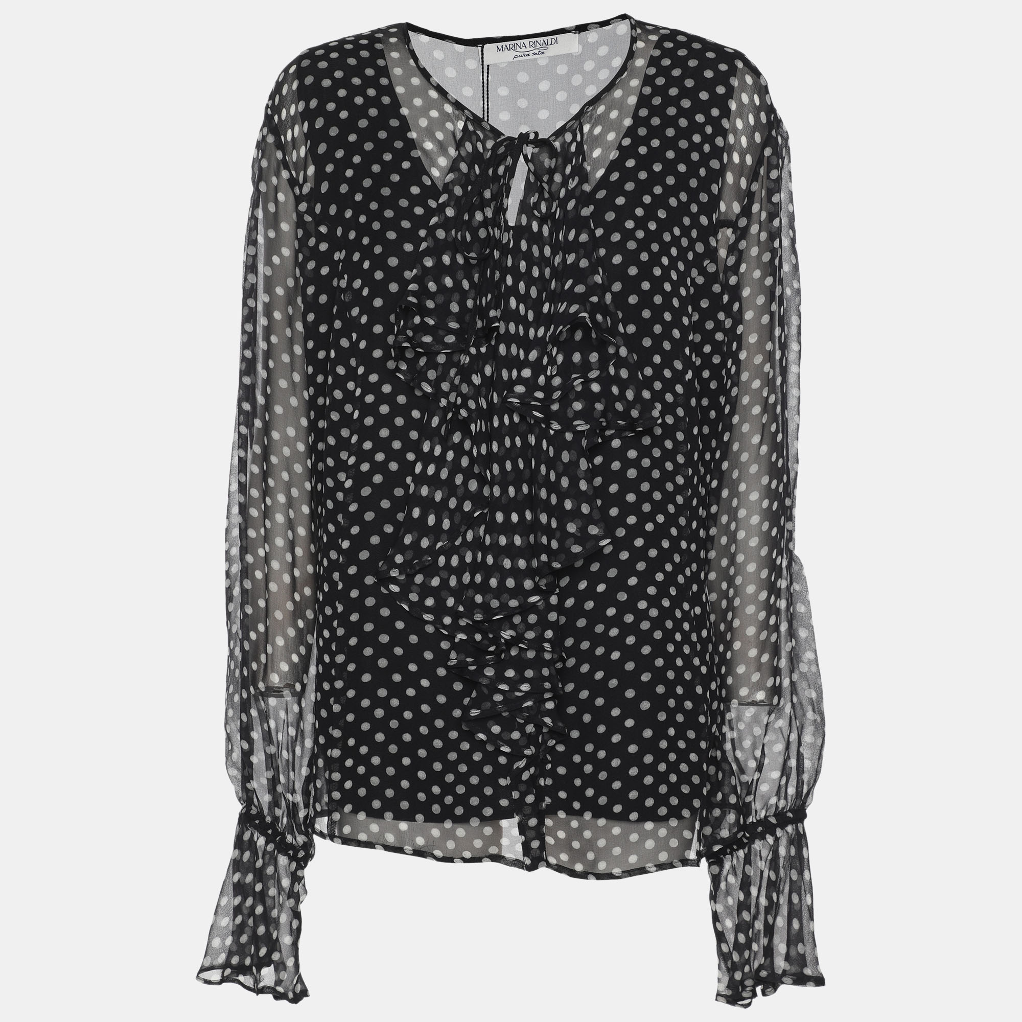 Pre-owned Marina Rinaldi Dark Grey Polk Dots Print Chiffon Ruffle Neck Tops L In Gray
