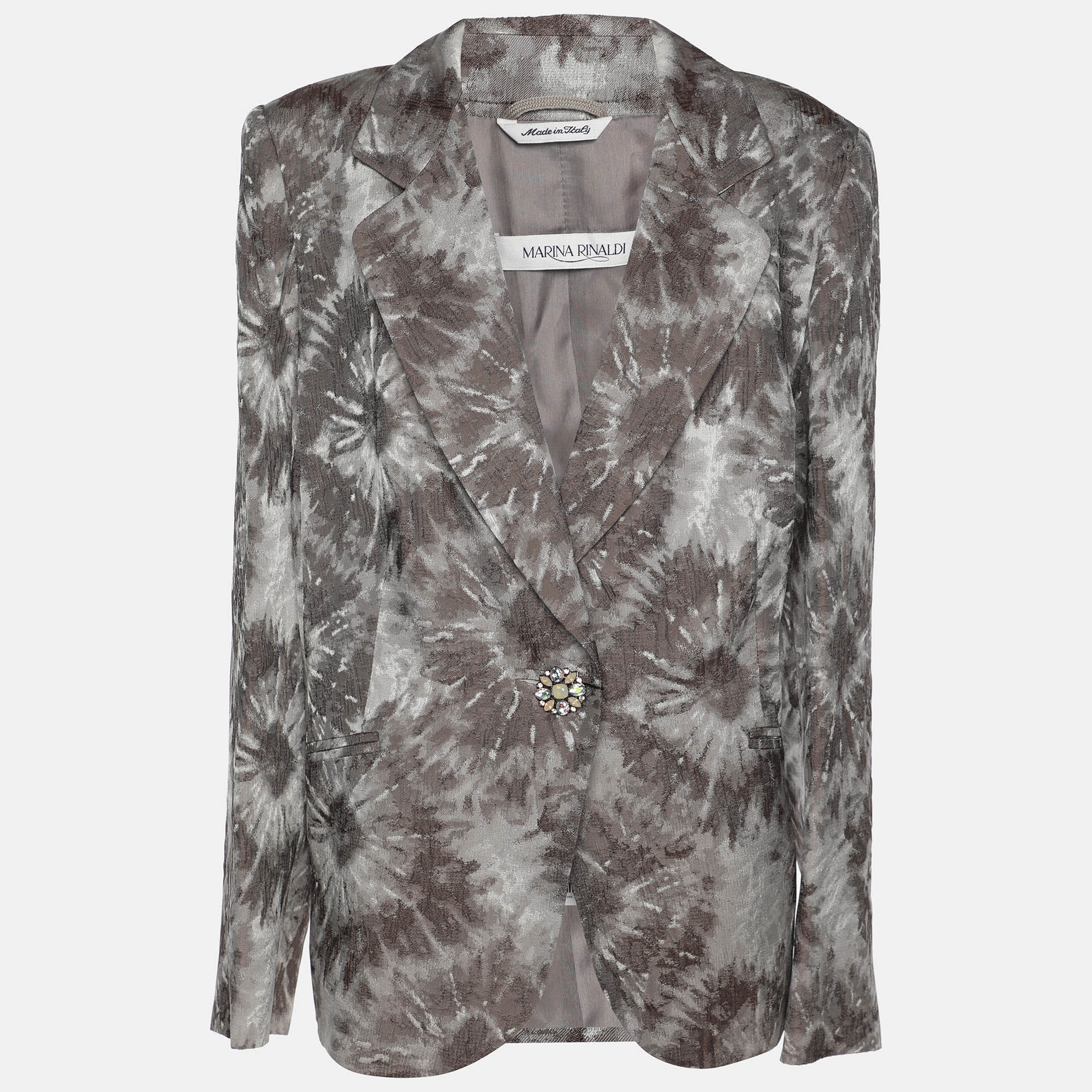 Pre-owned Marina Rinaldi Grey Jacquard Single Breasted Blazer L In Gray
