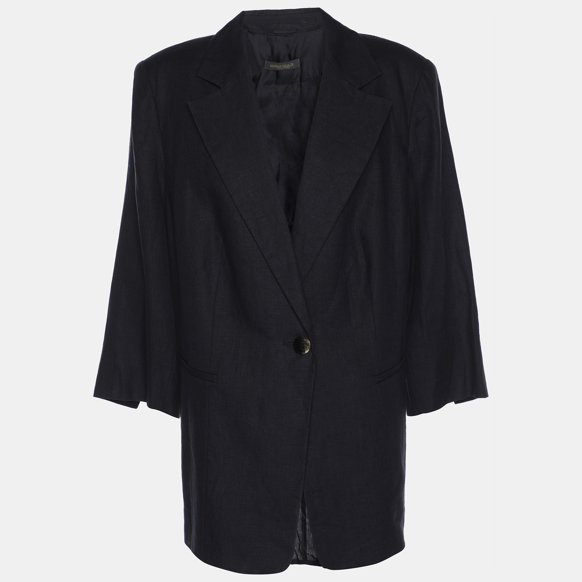 Pre-owned Marina Rinaldi Navy Blue Linen Single Breasted 3/4 Sleeve Blazer L