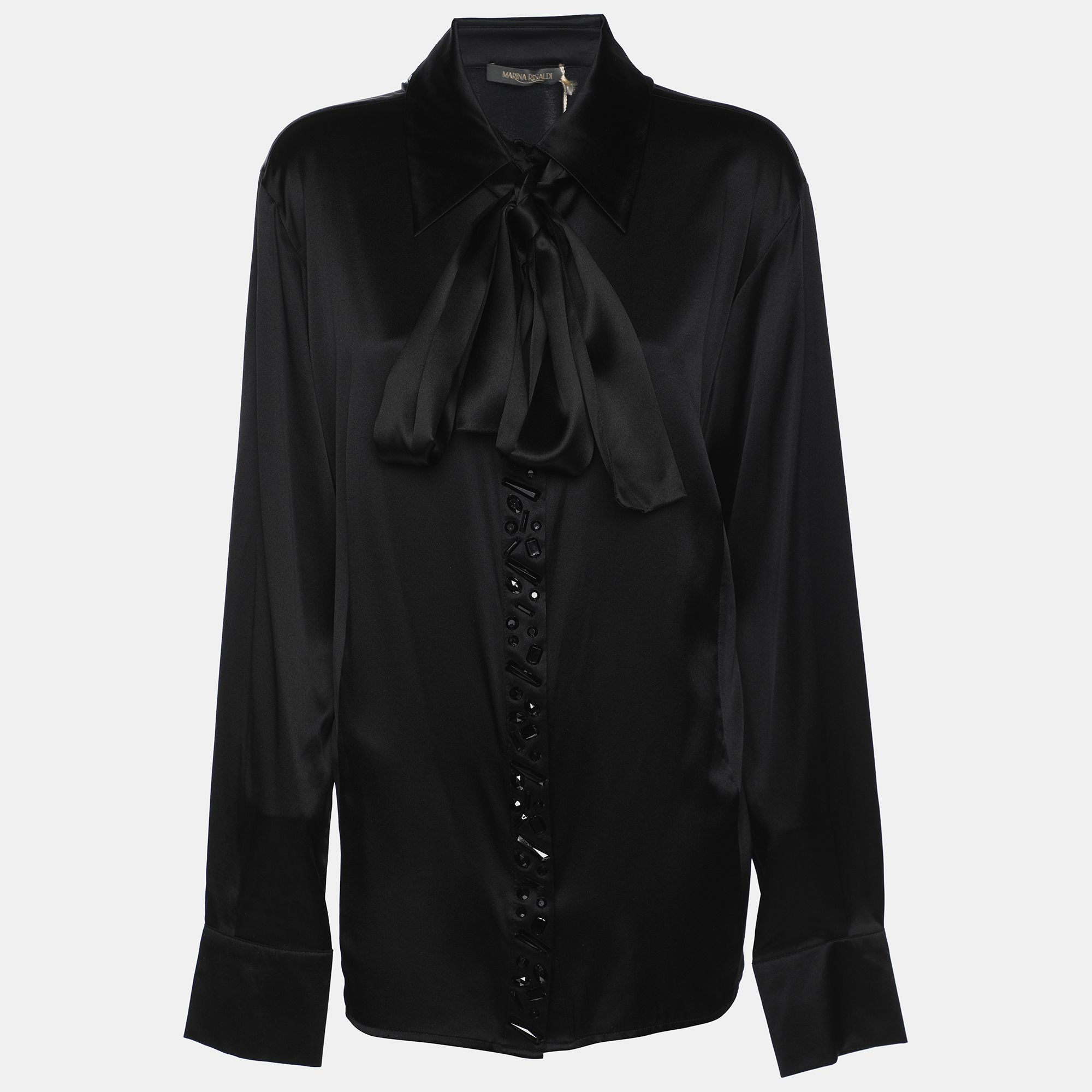 Pre-owned Marina Rinaldi Black Stretch Silk Crystal Embellished Long Sleeve Scarf Neck Shirt L