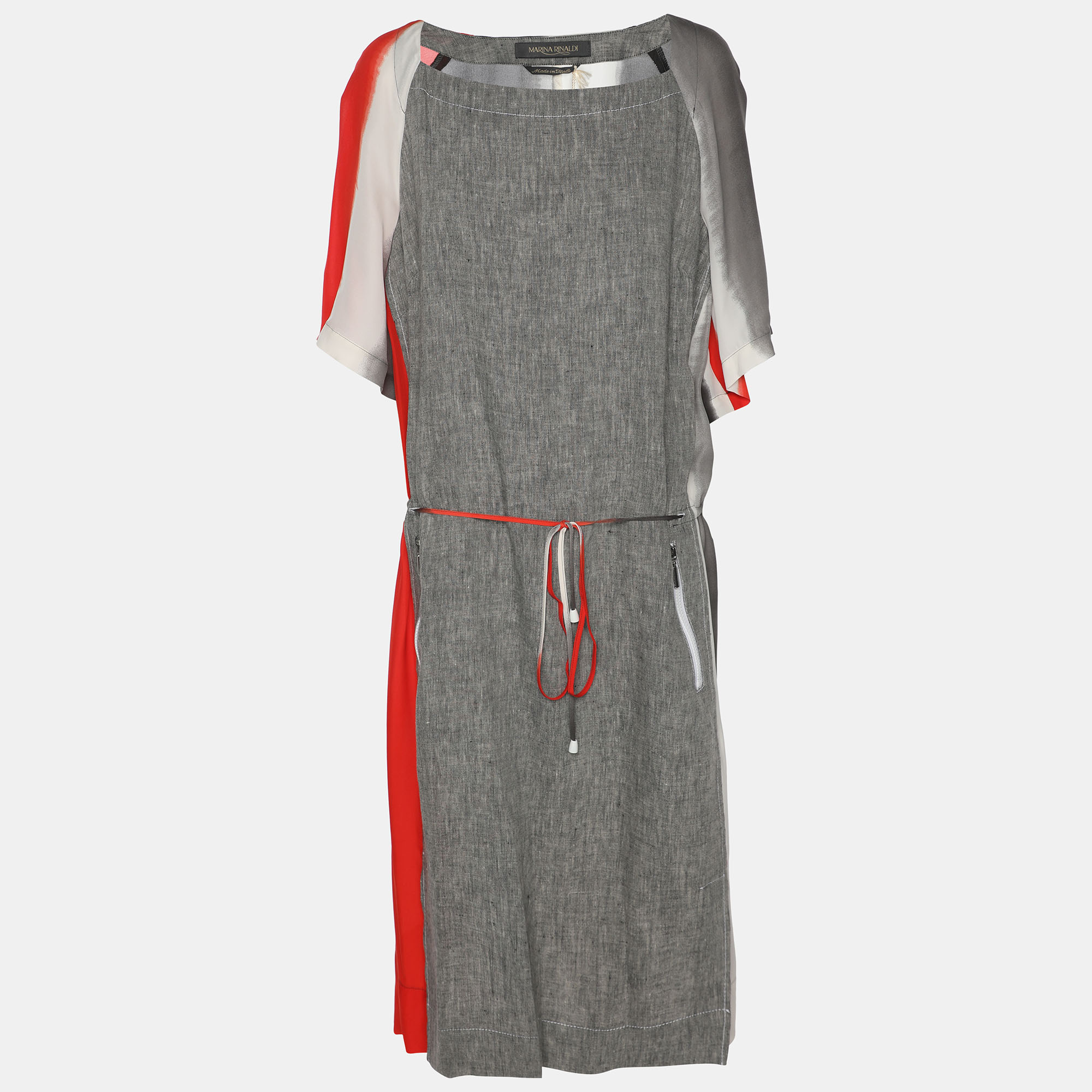 Pre-owned Marina Rinaldi Multicolor Silk Linen Drawstring Dress L