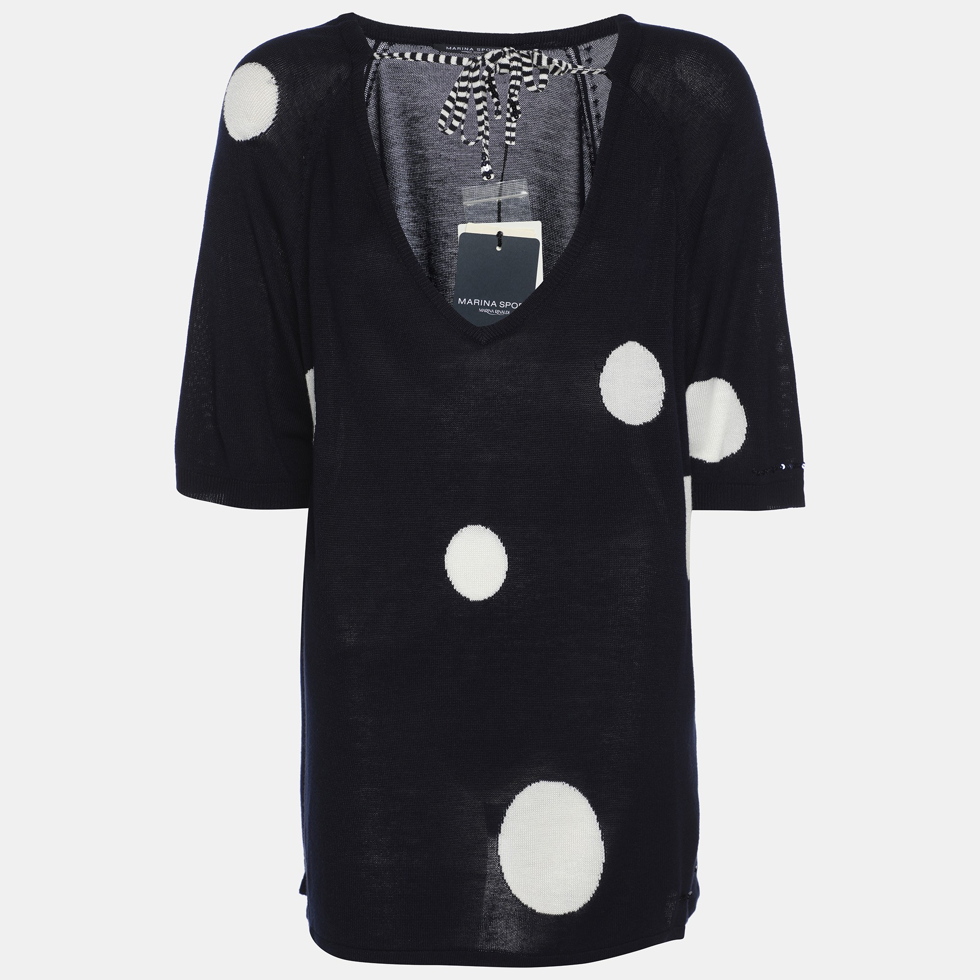 

Marina Sport by Marin Rinaldi Navy Blue/White Stretch Knit Polka Dot V Neck Sweater L