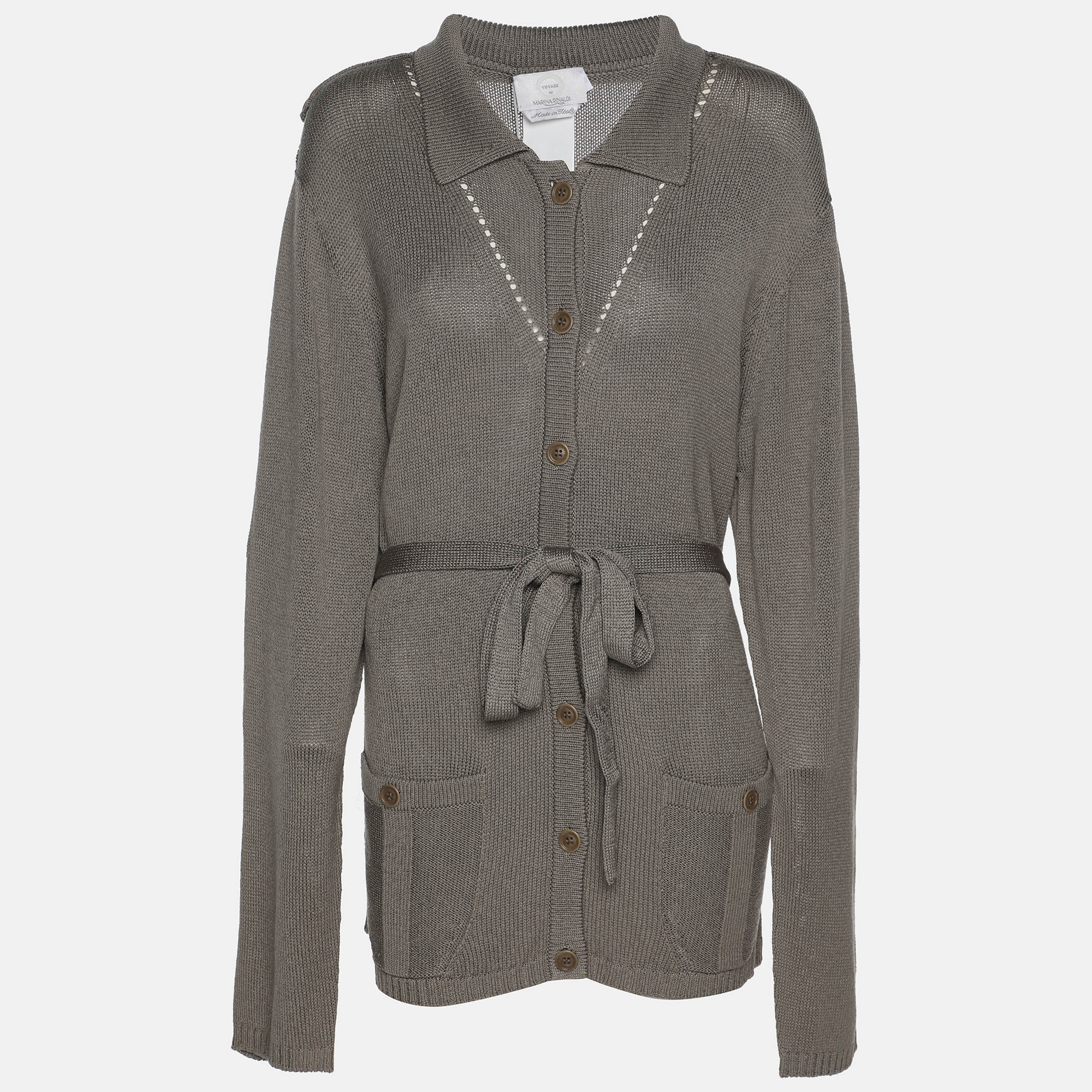 Pre-owned Marina Rinaldi Grey Rib Knit Button Front Sweater L In Gray