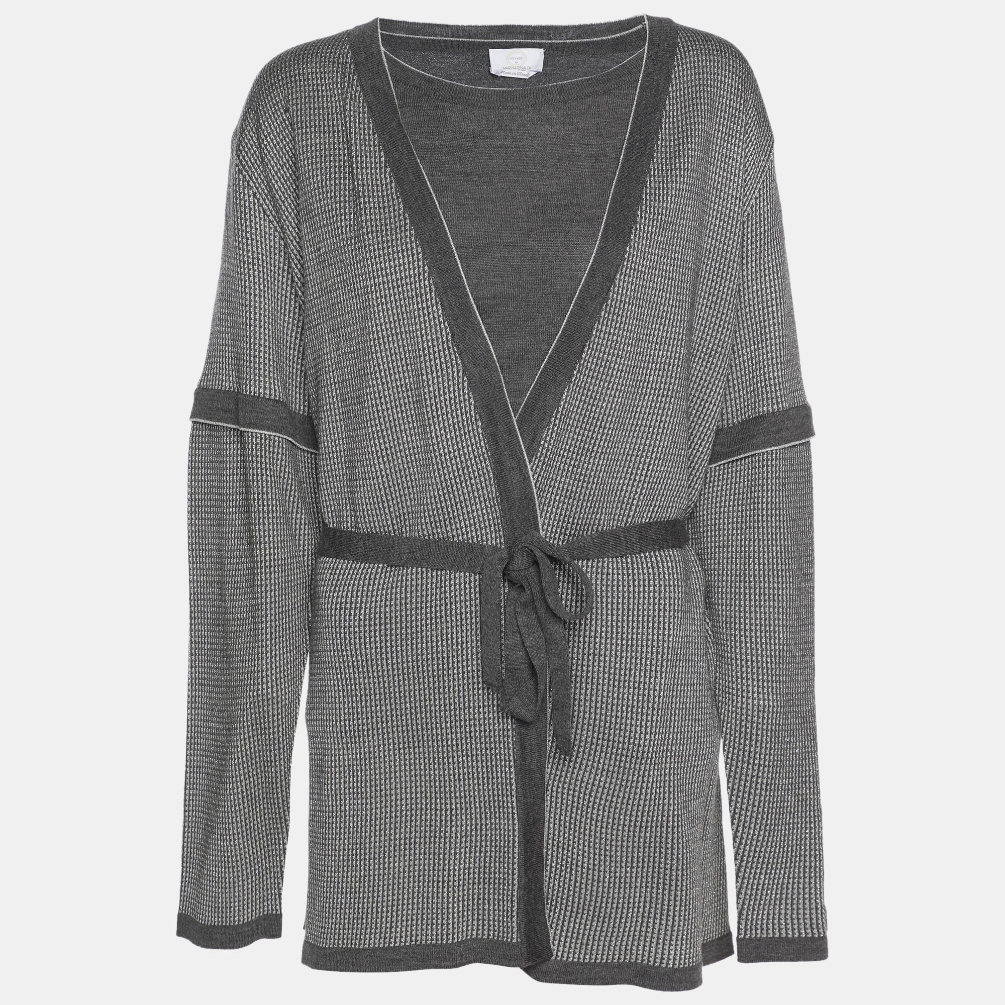 Pre-owned Marina Rinaldi Metallic Grey Jersey Cardigan Set L In Gray