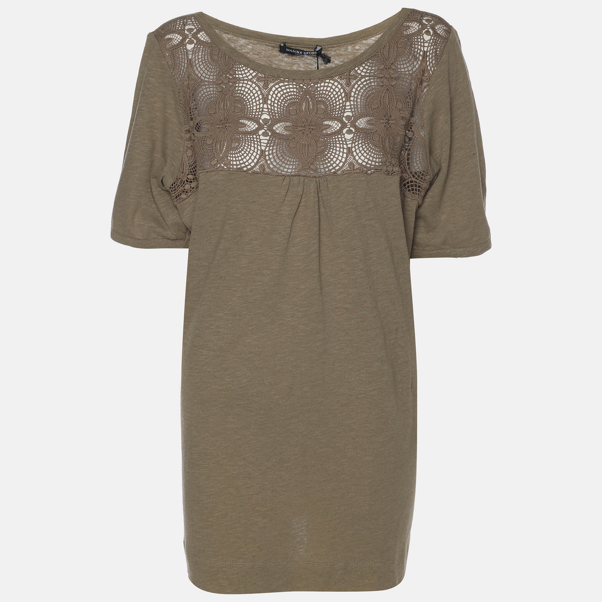 Pre-owned Marina Rinaldi Marina Sport By Khaki Jersey Knitted Embroidered Top L In Green
