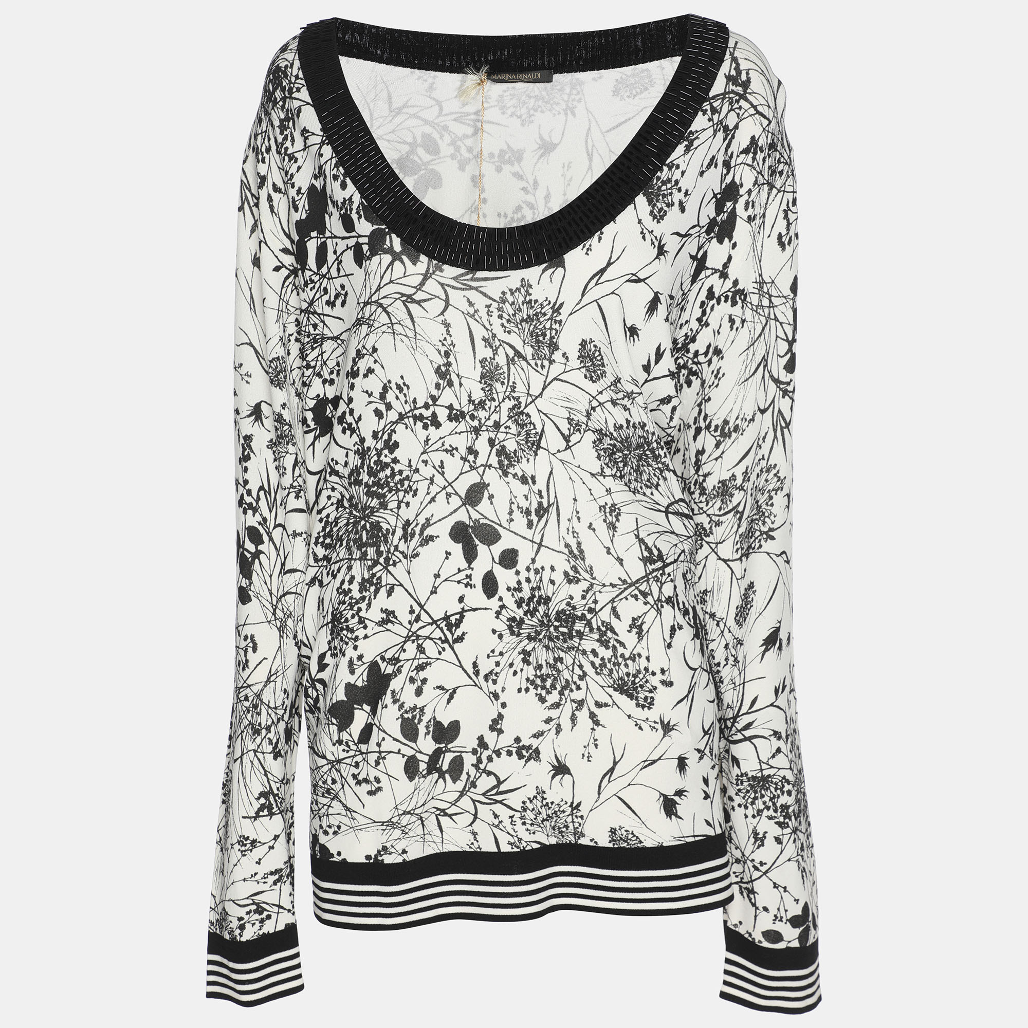 

Marina Rinaldi White/Black Printed Knit Embellished Neck Top XL