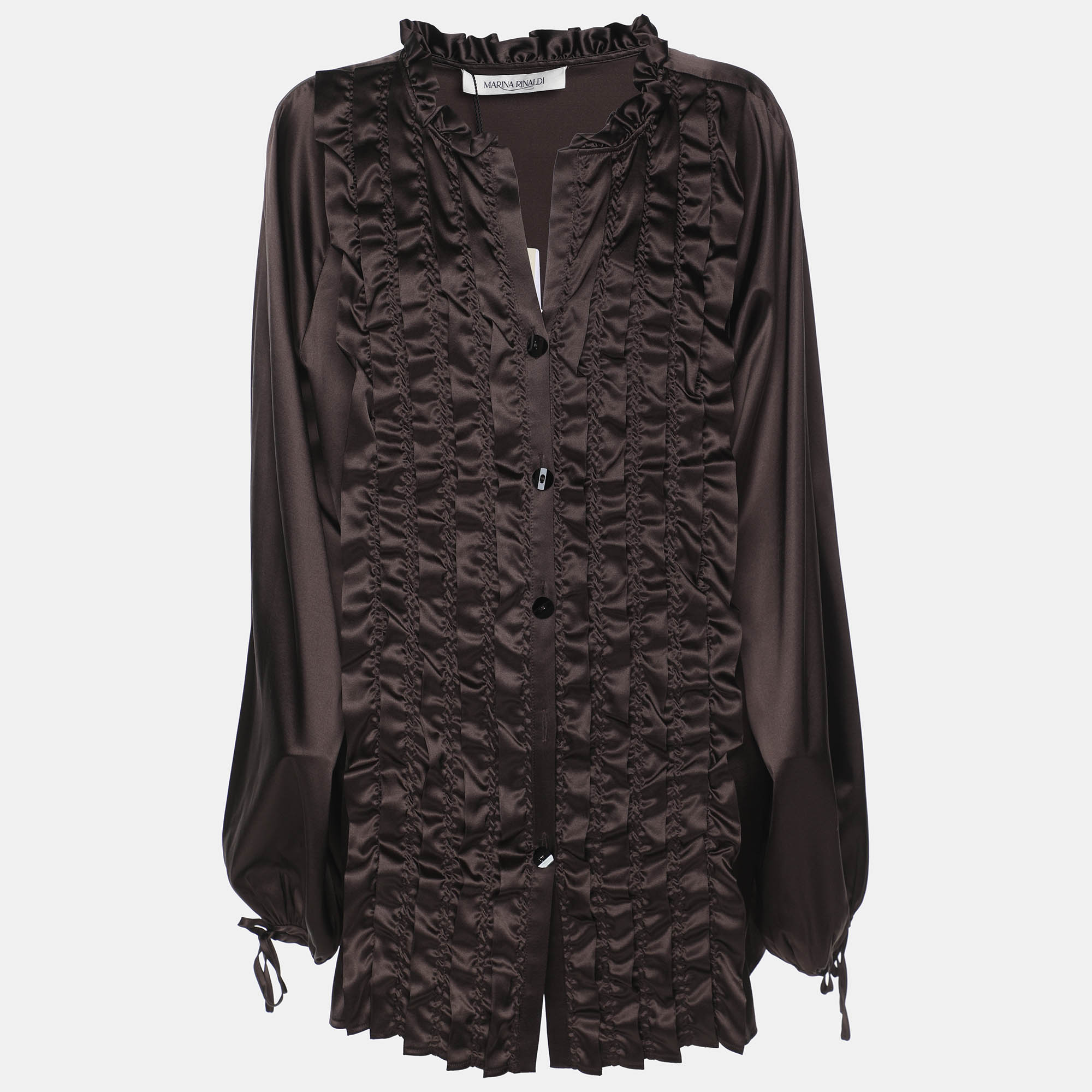 

Marina Rinaldi Dark Brown Stretch Satin Ruffle Front Shirt L