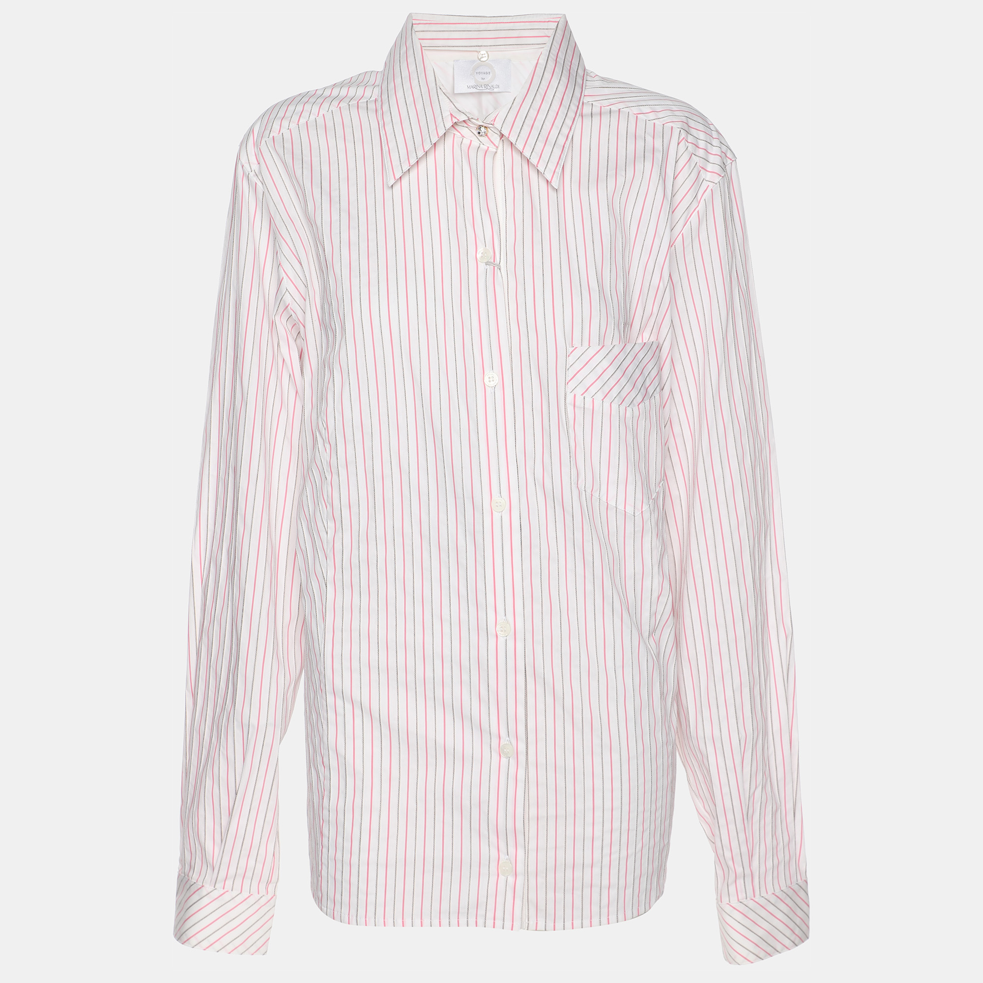 Voyage by Marina Rinaldi Pink/White Stripe Cotton Blend Removable Collar Long Sleeve Shirt L
