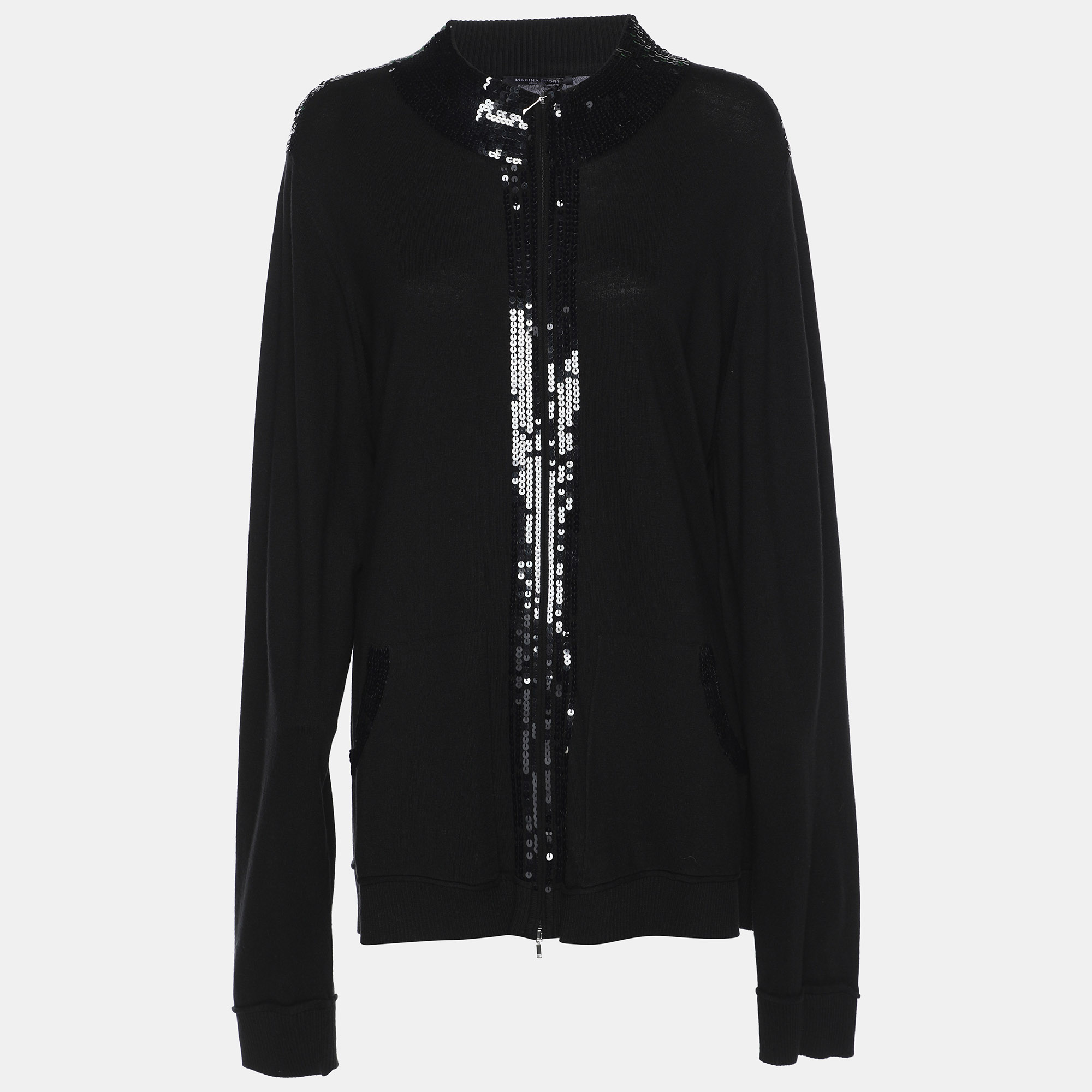 

Marina Sport by Marina Rinaldi Black Knit Sequin Embellished Front Zip Sweater XL