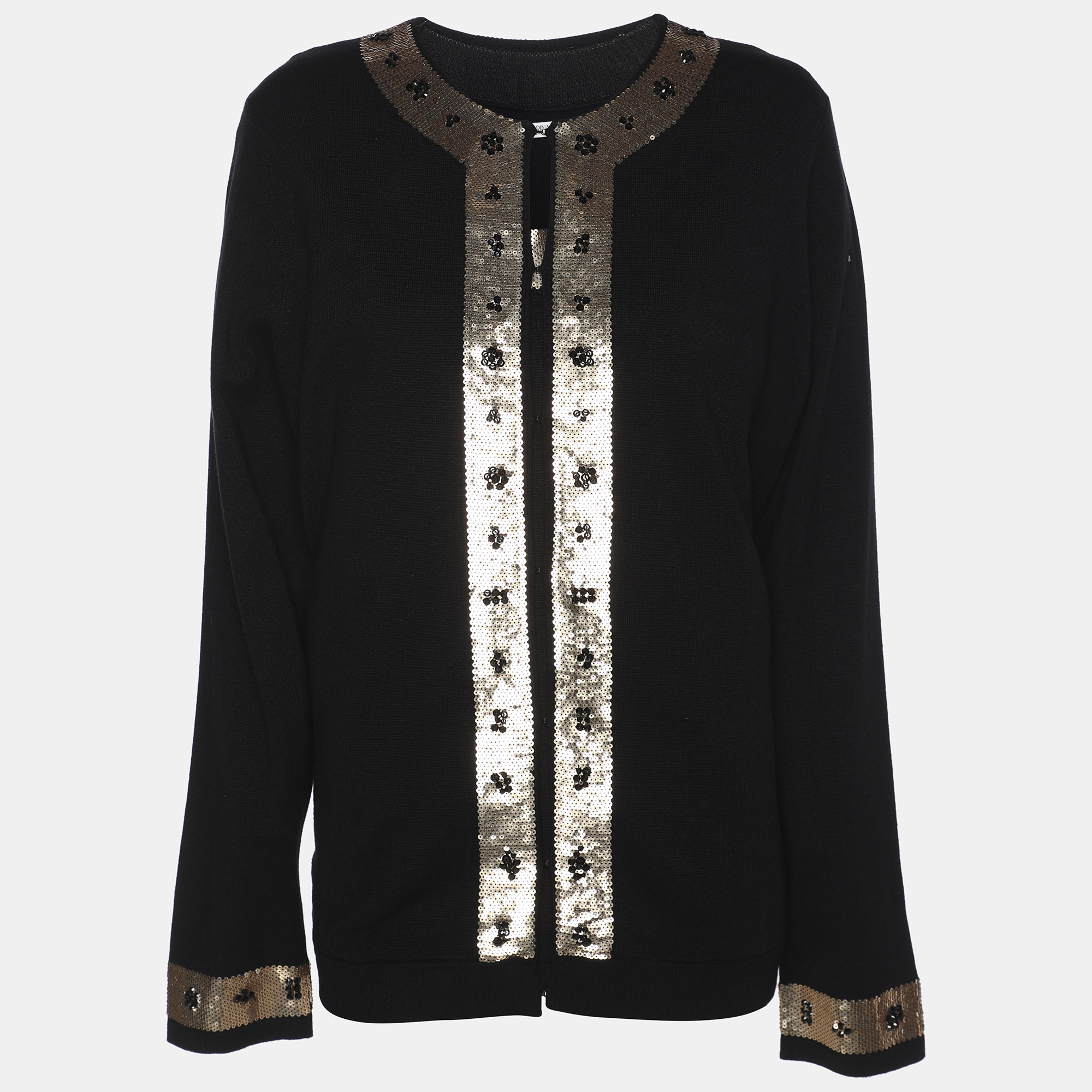 Pre-owned Marina Rinaldi Black/gold Jersey Sequin Embellished Cardigan Set L