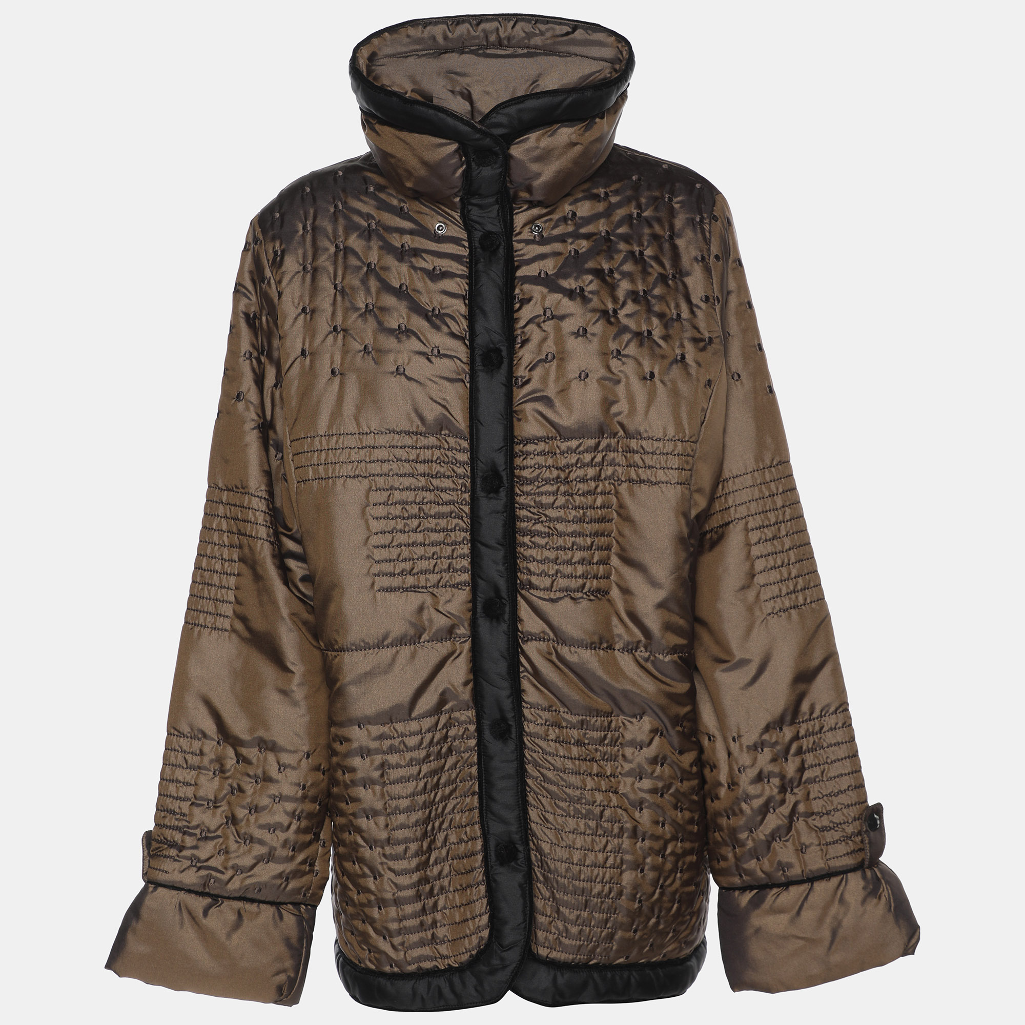 Pre-owned Marina Rinaldi Metallic Brown Quilted Nylon Puffer Jacket L In Silver