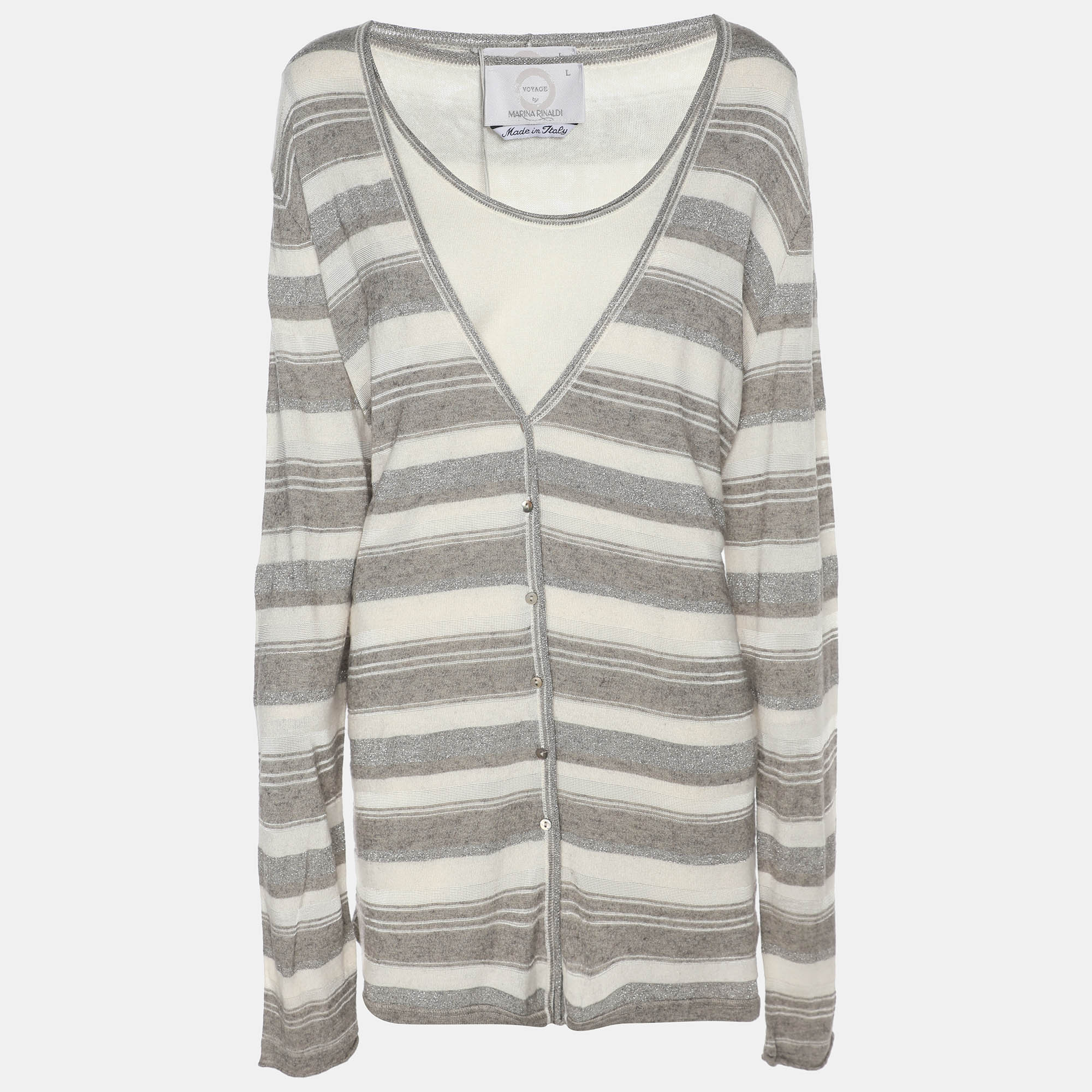 Pre-owned Marina Rinaldi Voyage By Grey/off White Stripe Stretch Knit Cardigan Set L In Gray