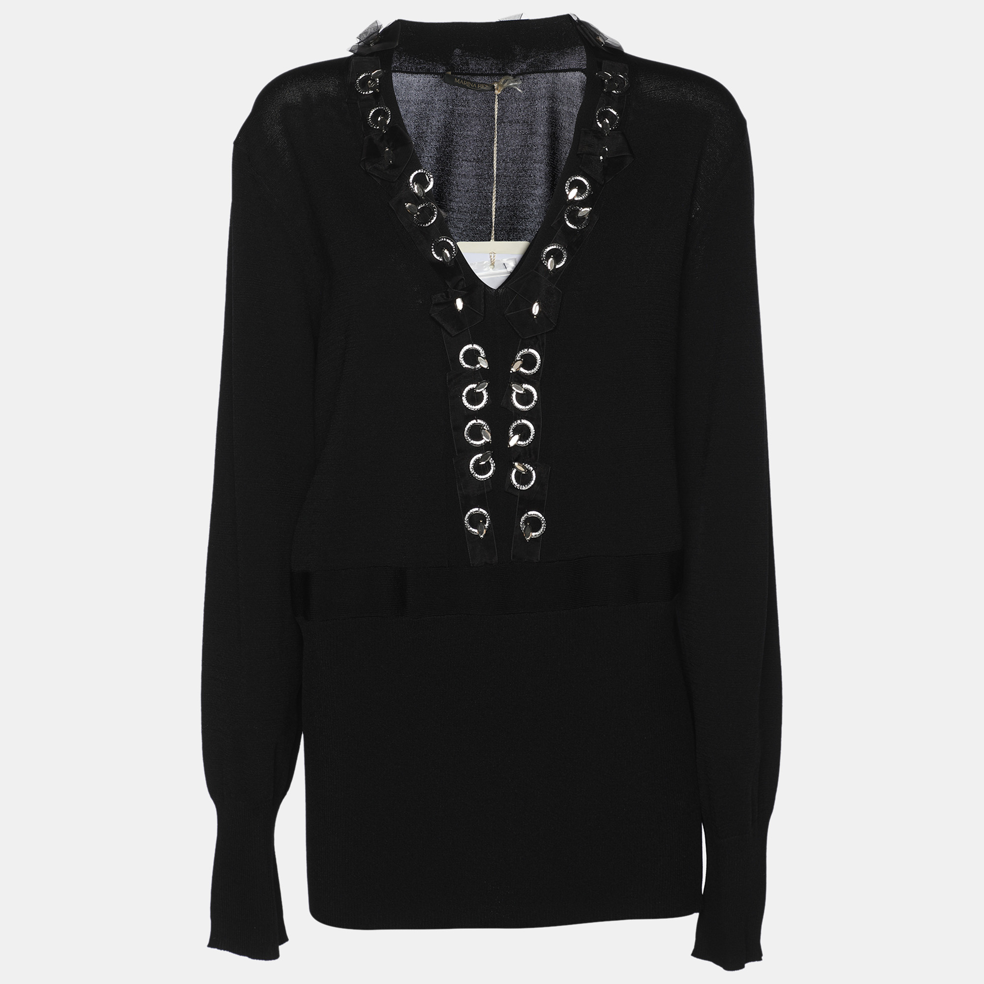 

Marina Rinaldi Black Stretch Knit Embellished Long Sleeve Blouse L