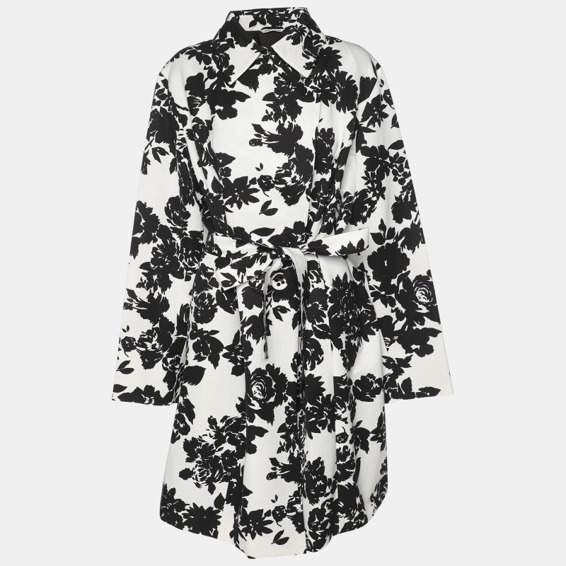 

Marina Rinaldi White/Black Printed Cotton Blend Belted Overcoat L