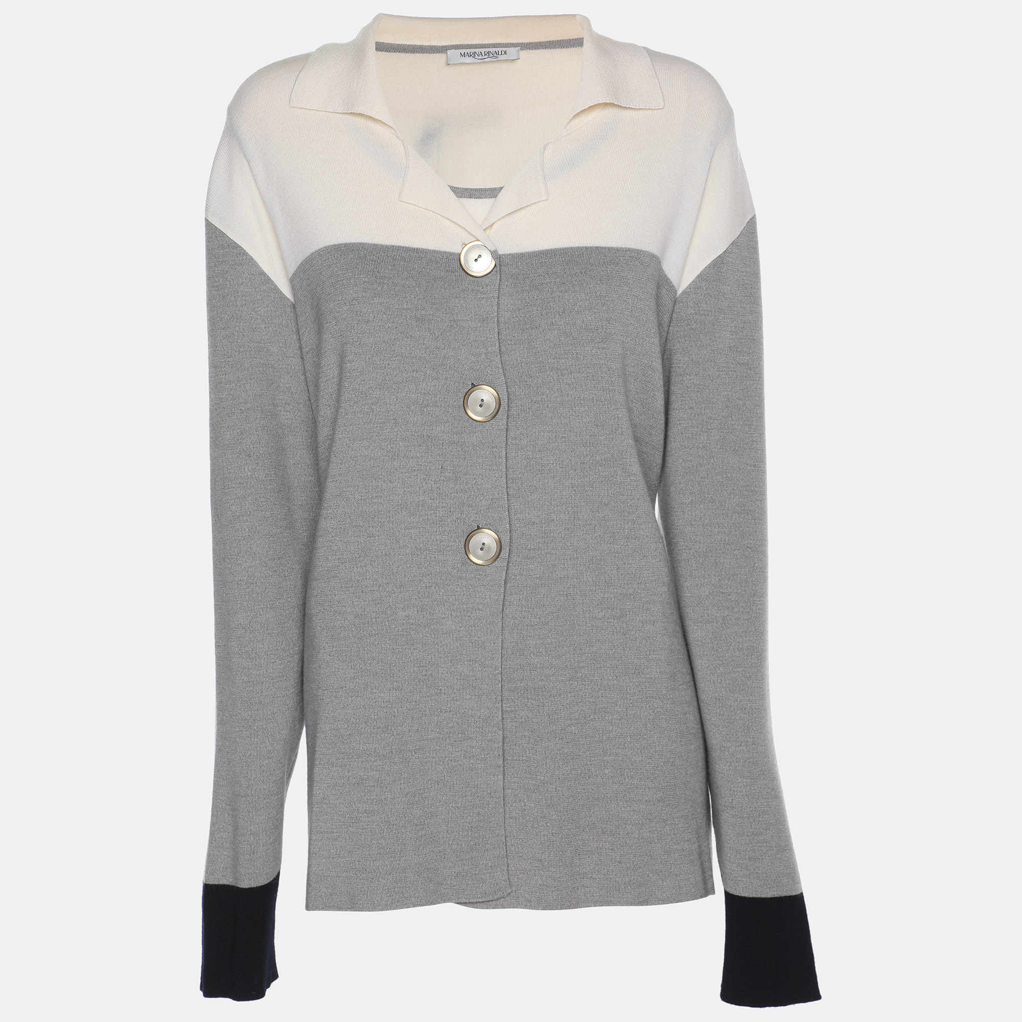 Pre-owned Marina Rinaldi Grey/cream Knit Button Front Sweater L In Gray