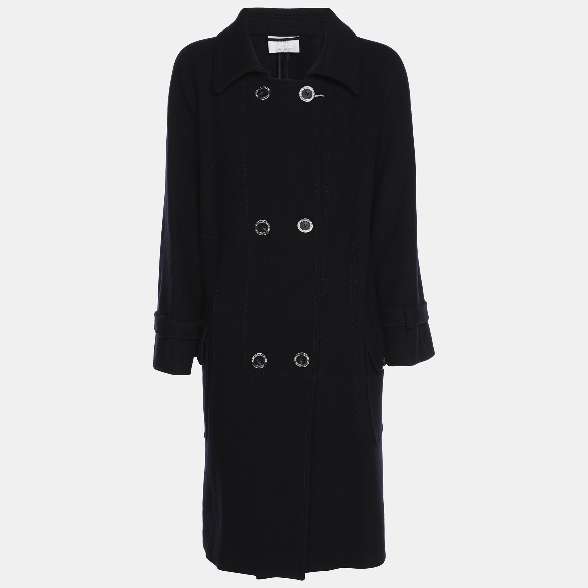 Pre-owned Marina Rinaldi Voyage By Navy Blue Wool Blend Double Breasted Long Jacket L
