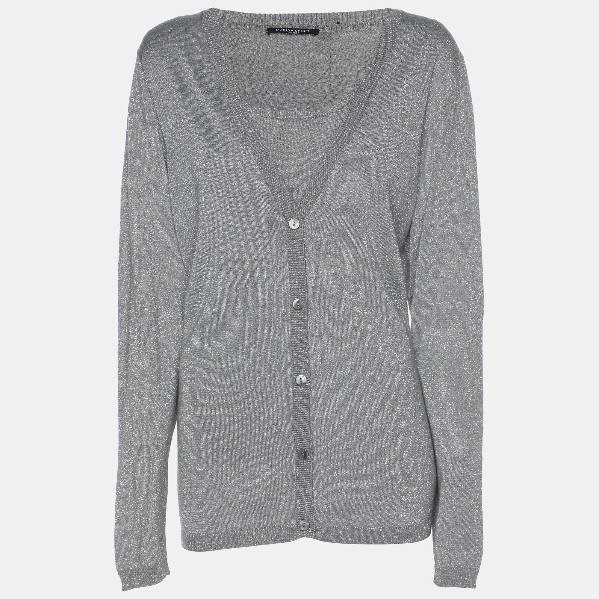 Pre-owned Marina Rinaldi Marina Sport By  Grey/silver Lurex Knit Button Front Sweater L In Green