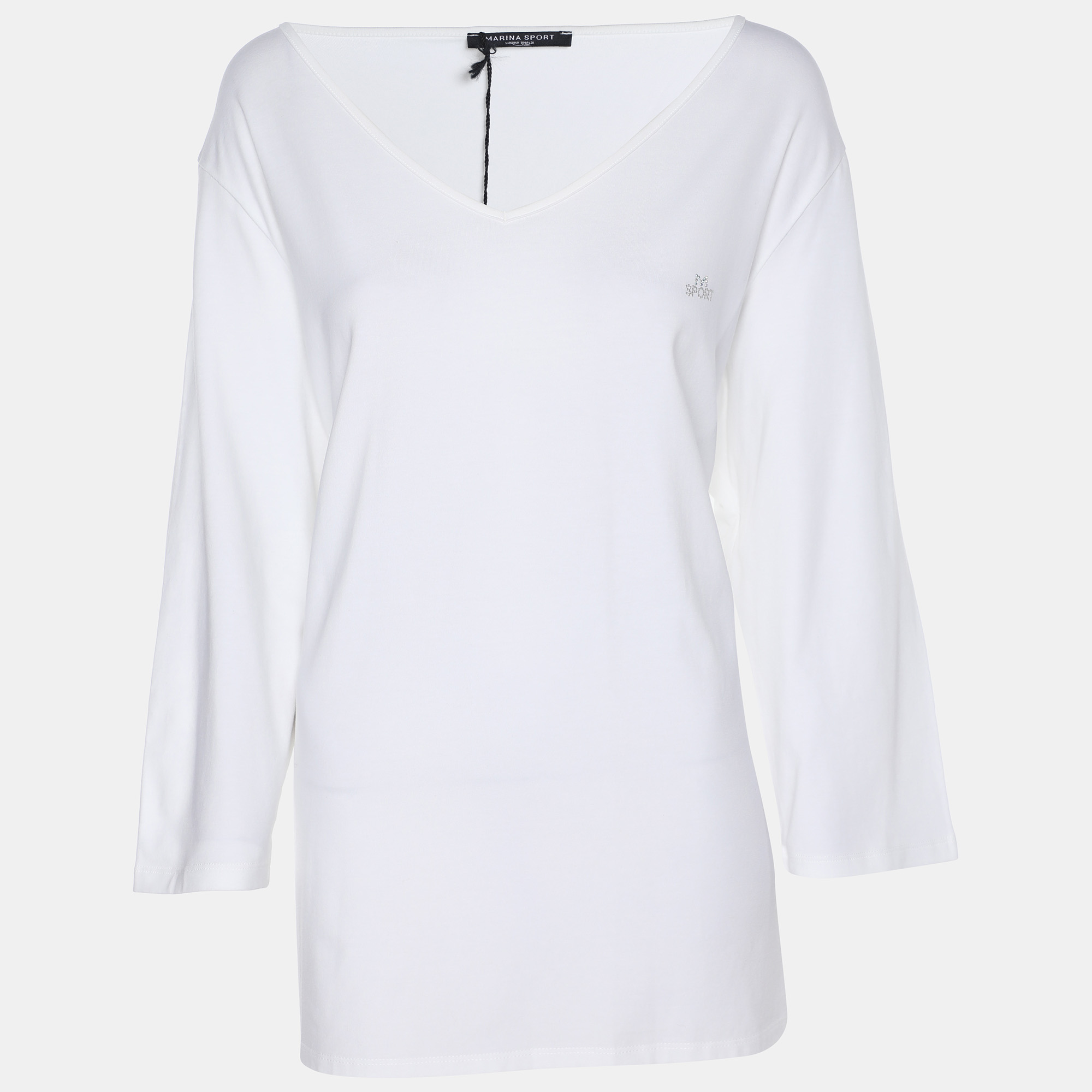 Pre-owned Marina Rinaldi Marina Sport By White Jersey Logo V Neck Top L