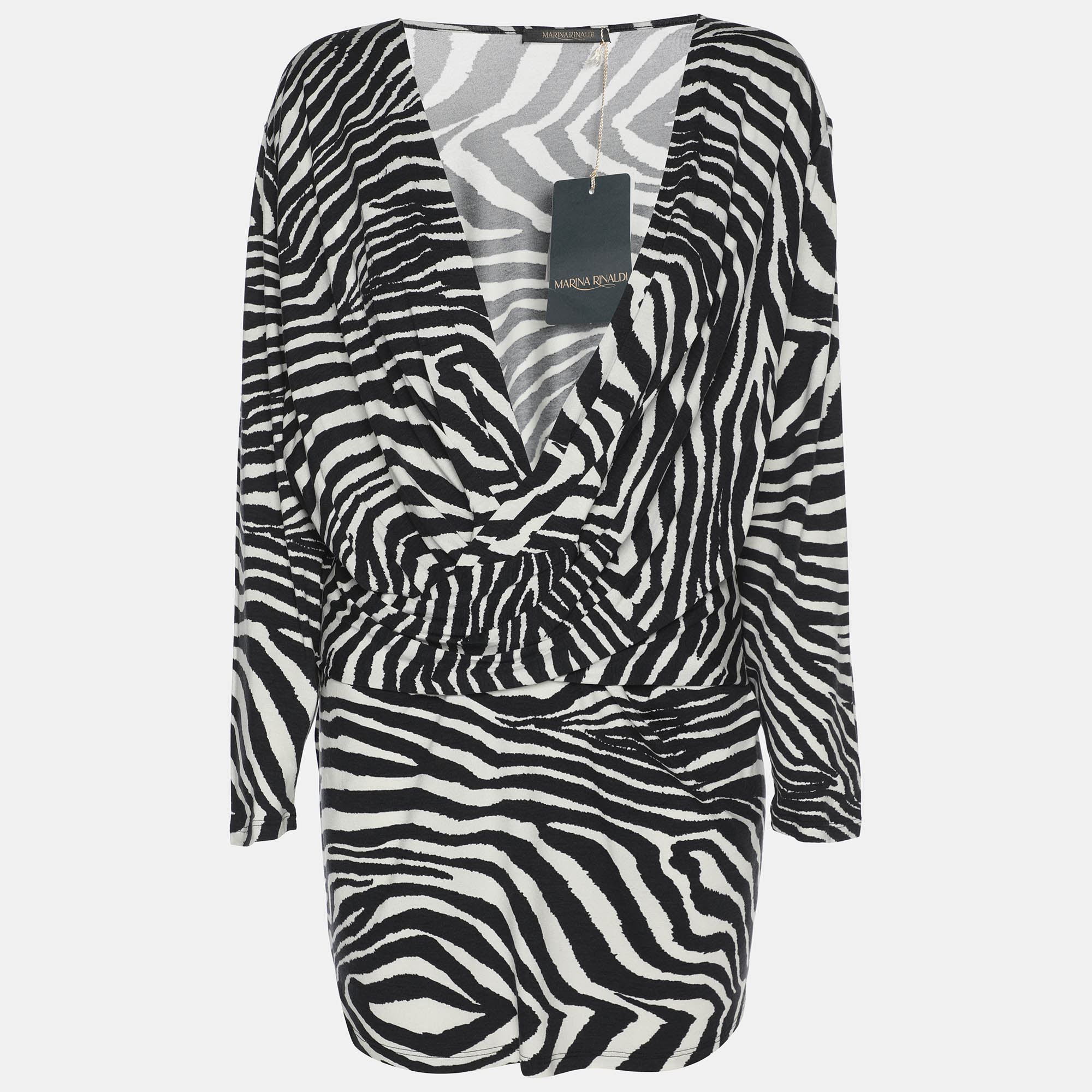 Pre-owned Marina Rinaldi Black/white Zebra Print Jersey V Neck Tops L