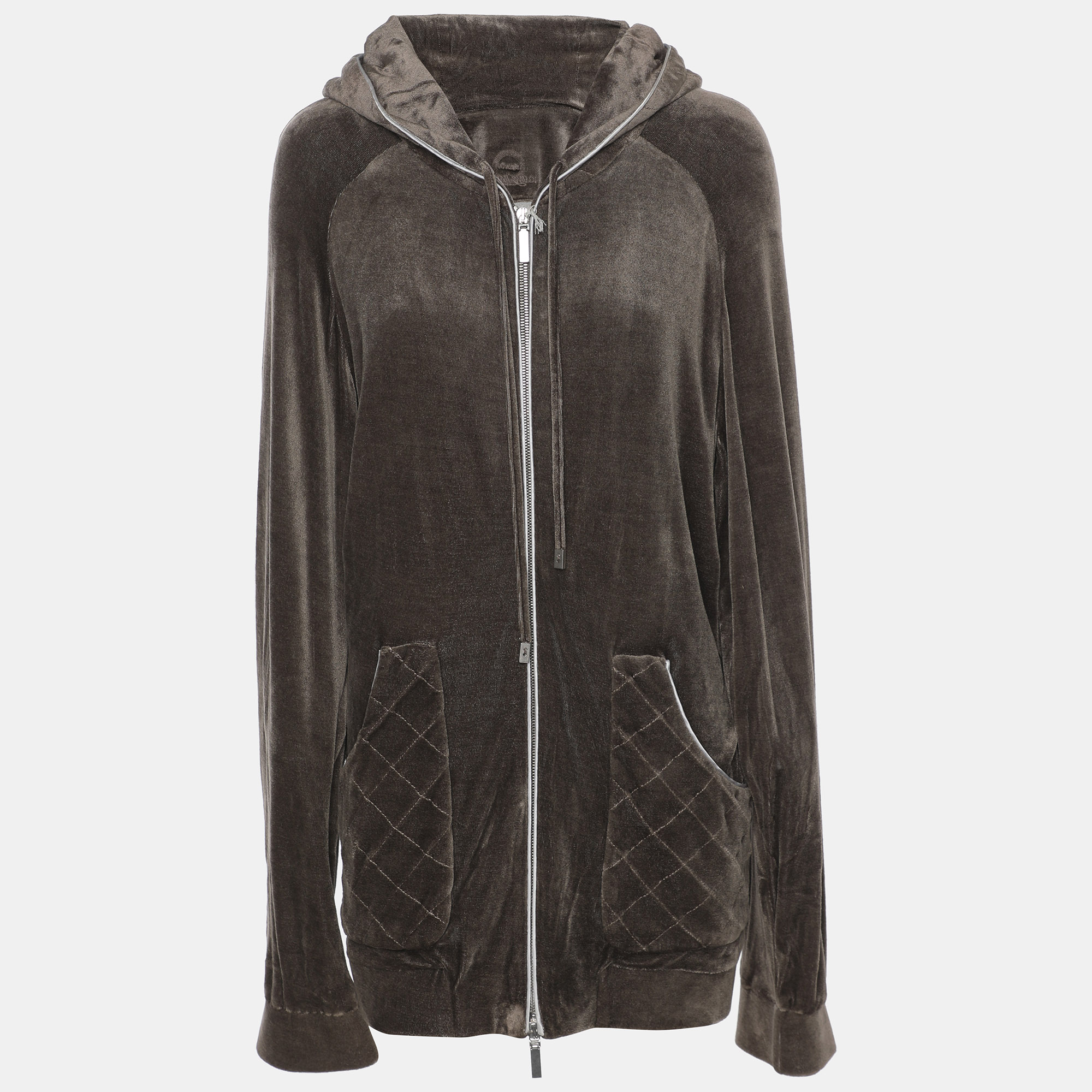 Pre-owned Marina Rinaldi Voyage By Grey Velvet Drawstring Hoodie Jacket L In Gray