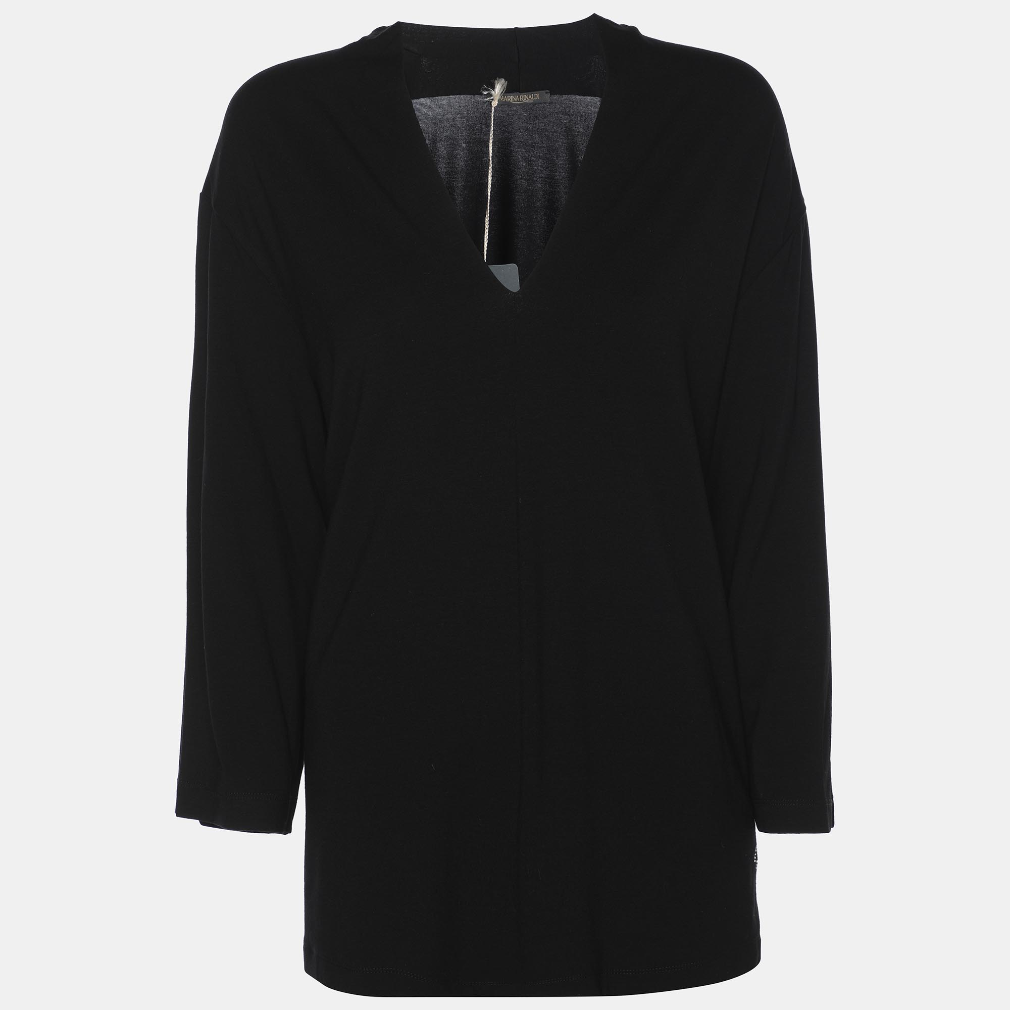 Pre-owned Marina Rinaldi Black Jersey 3/4 Sleeve V Neck Blouse L
